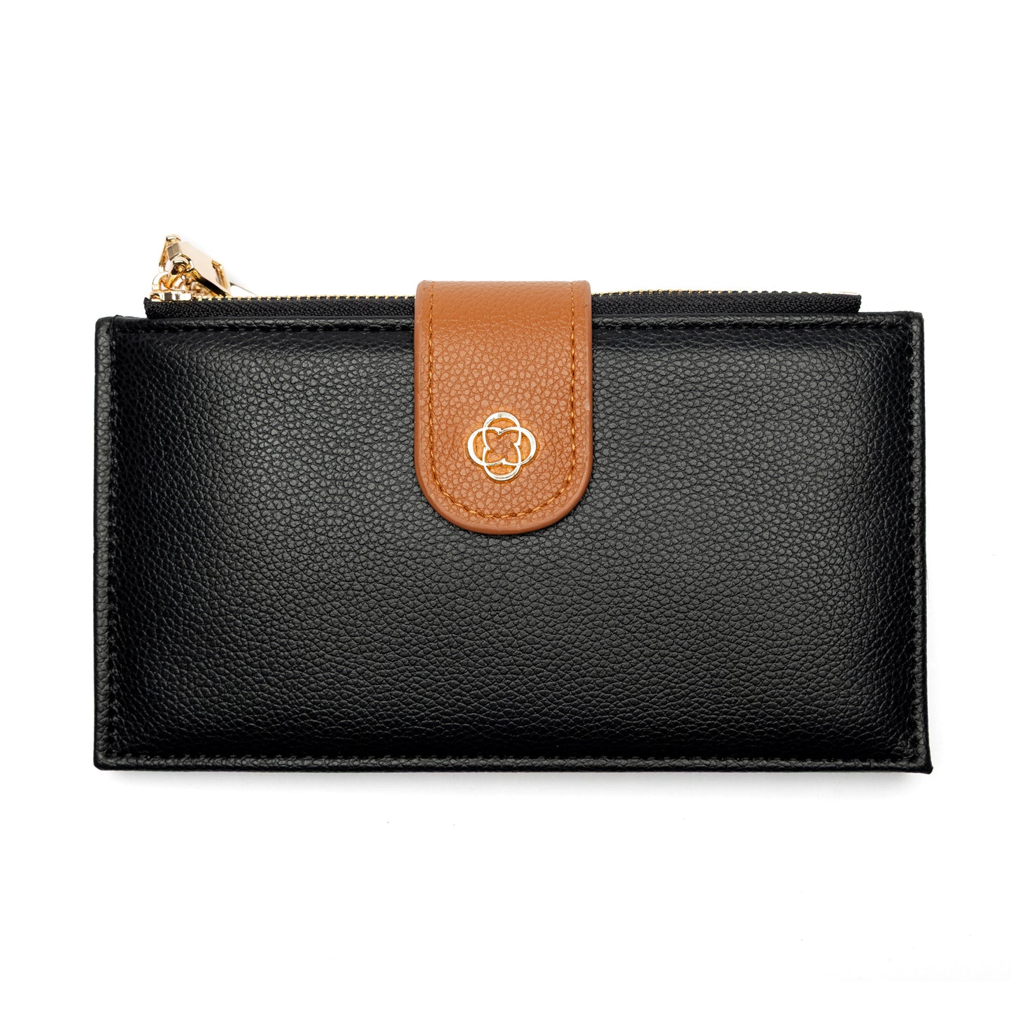 Miss Caprice Slim Wallet in black with brown snap, gold emblem, and multiple card slots on white background.