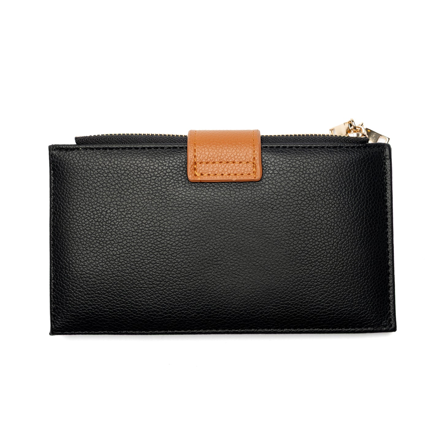 Miss Caprice Slim Wallet in black with brown snap, top zipper, and card slots on a white background.
