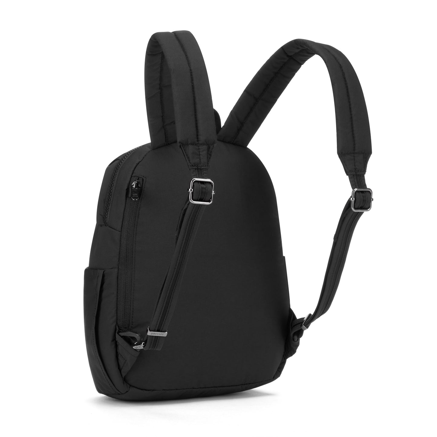 Pacsafe® CX Anti-theft 8L Backpack Petite in black, rear view showing adjustable straps, side pockets, zipper closure.