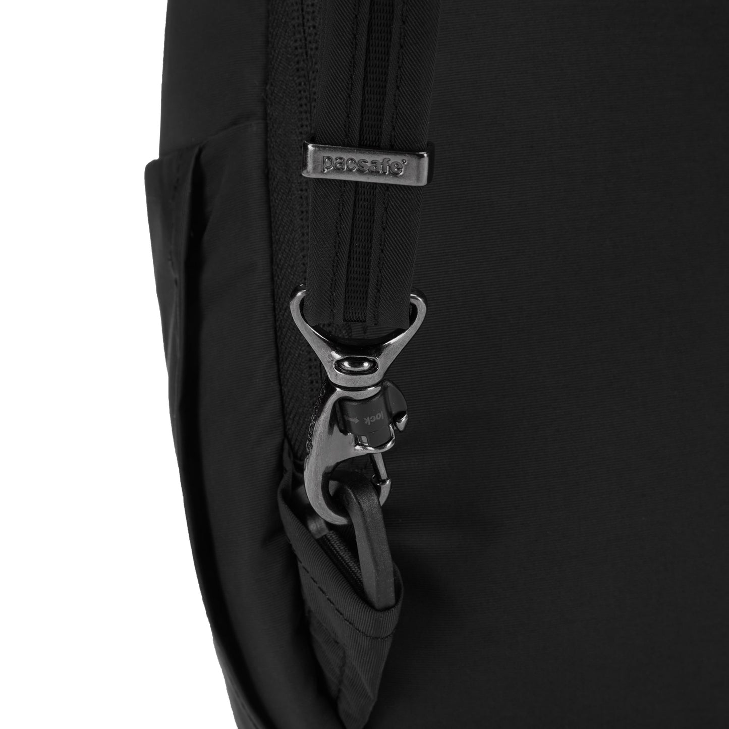 Close up of turn n lock clip on backpack strap