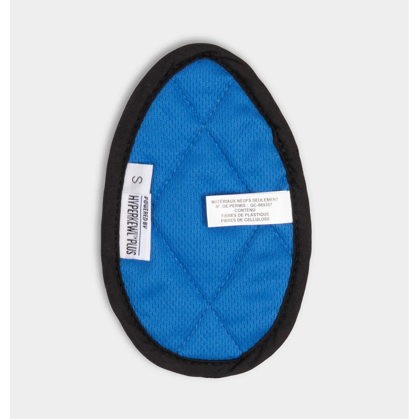 The Tilley HyperKewl™ Cooling Insert is a blue, oval pad with black trim and two white labels shown plainly.