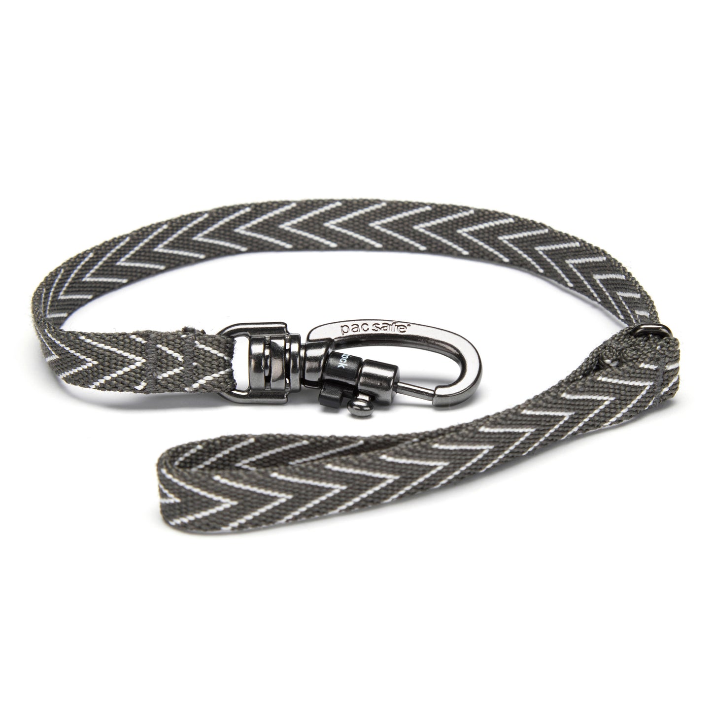 Gray and white chevron Pacsafe® Cut-Resistant Wrist Strap with metal locking clip.