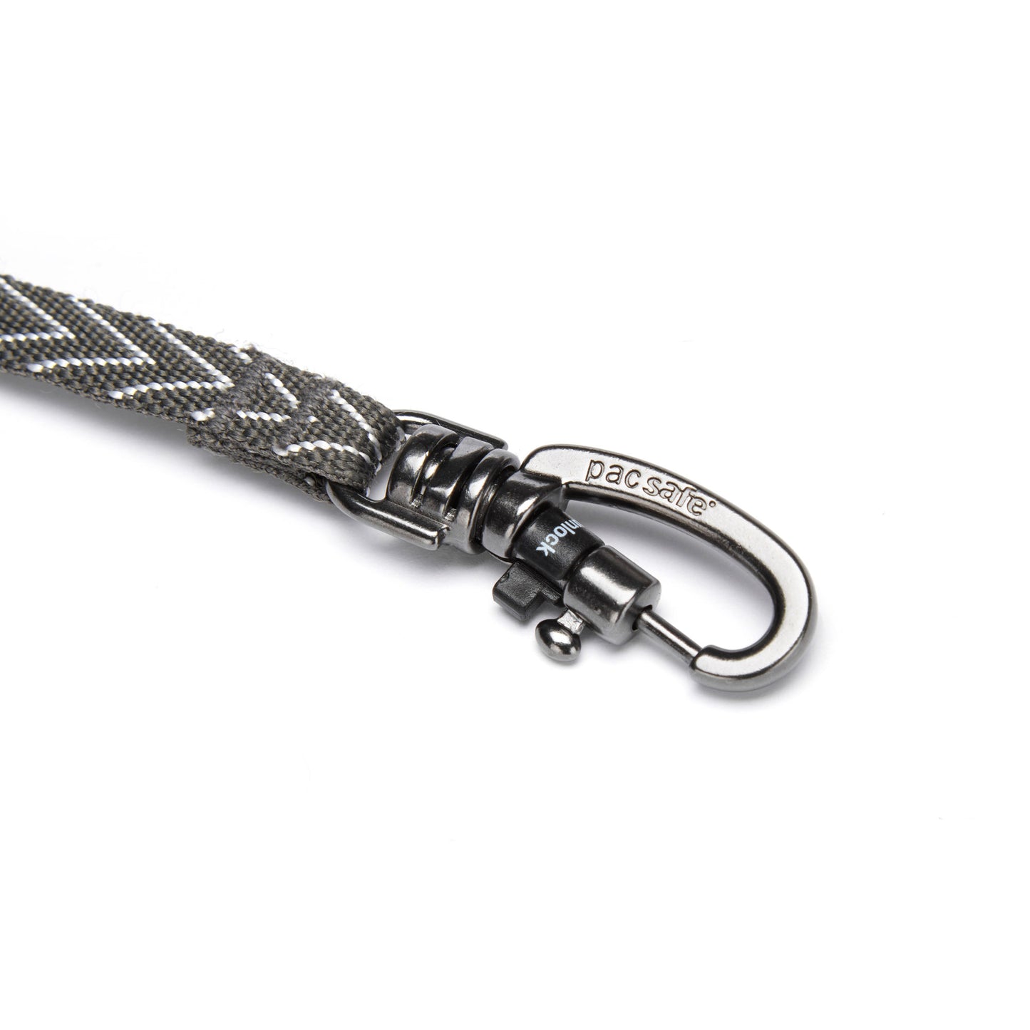 Gray Pacsafe turn lock, cut-resistant strap, featuring a carabiner clip.