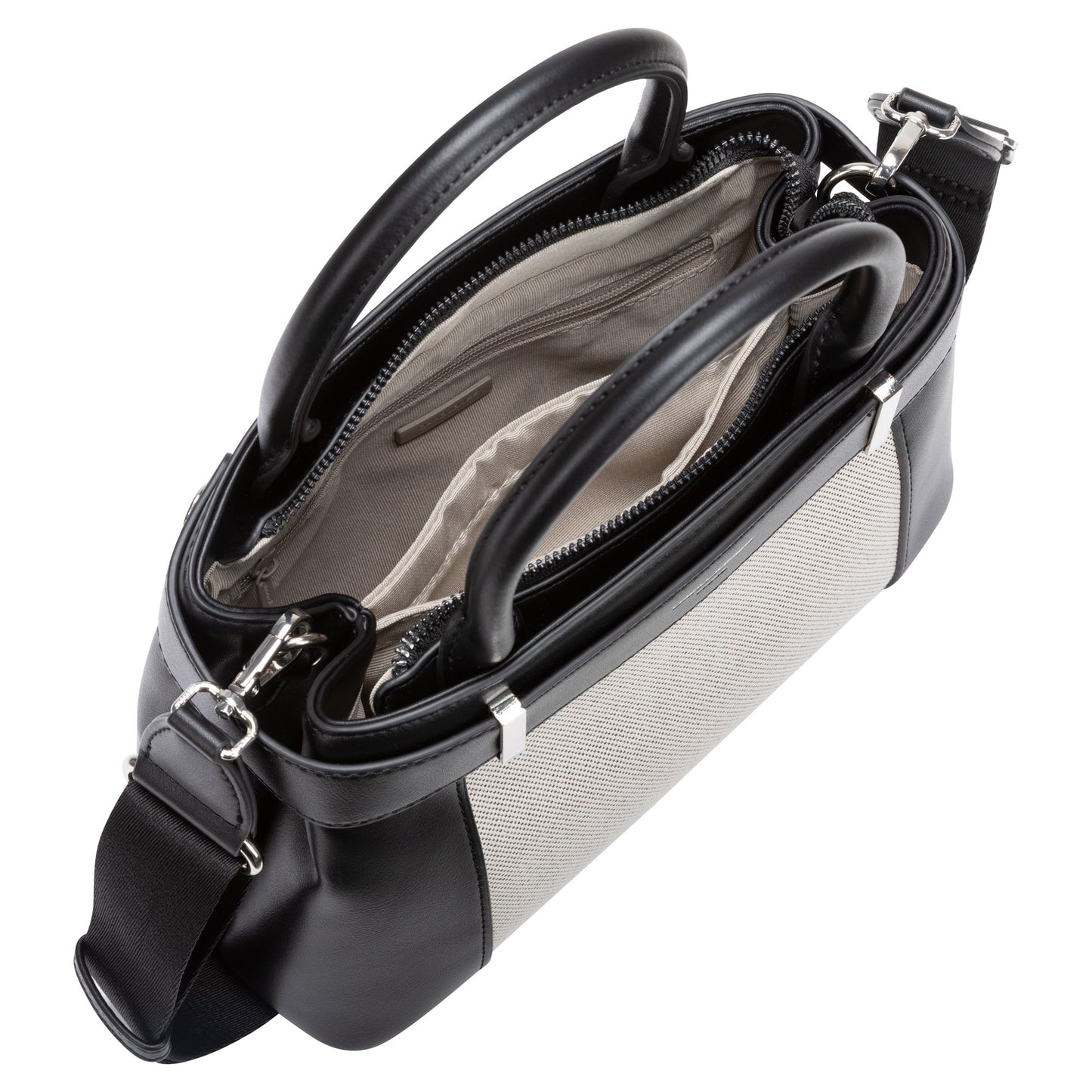 Top view of David Jones Satchel Handbag in black and white faux leather with double handles and shoulder strap.