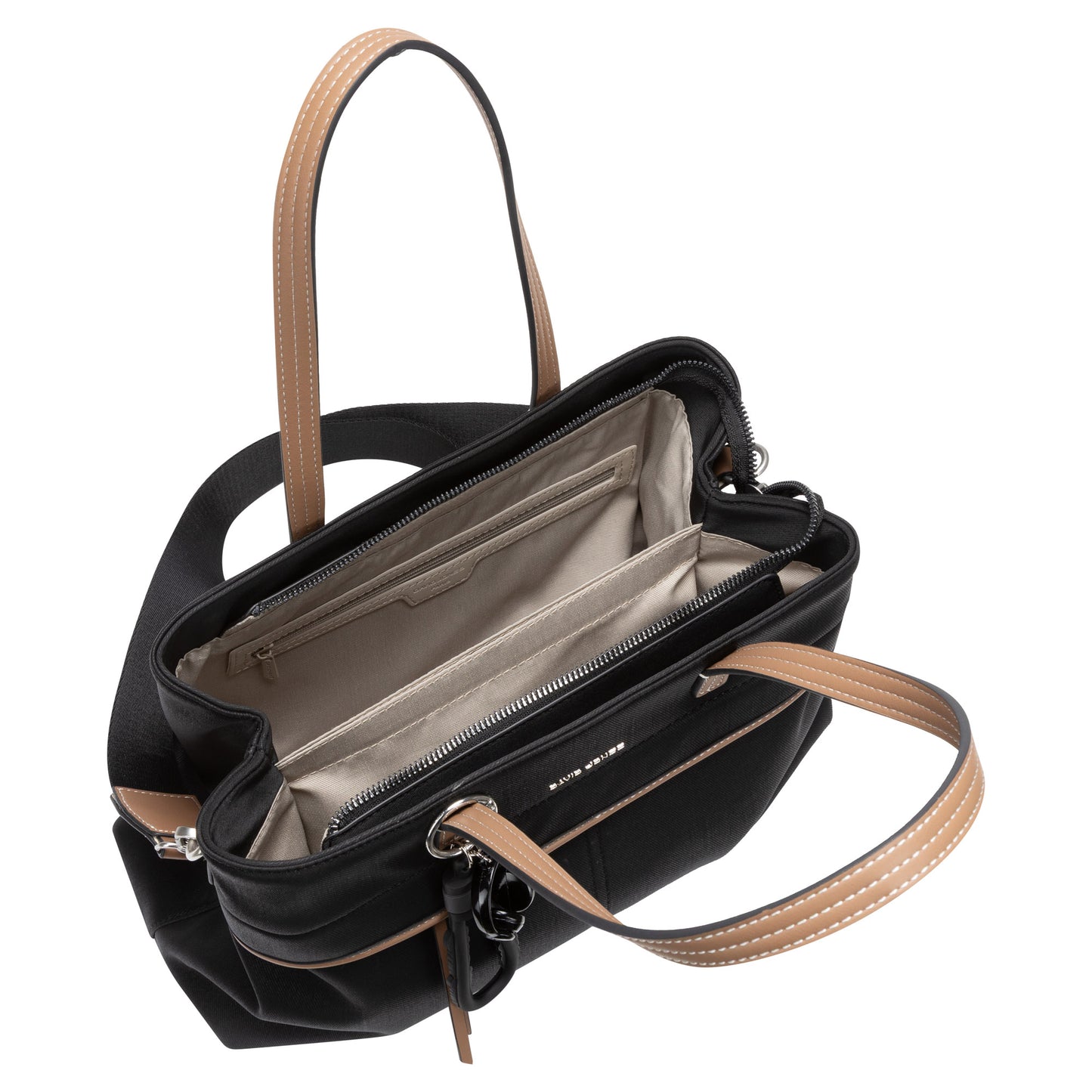 David Jones Satchel Handbag: black tote with tan handles, beige interior, compartments, and zip pocket.
