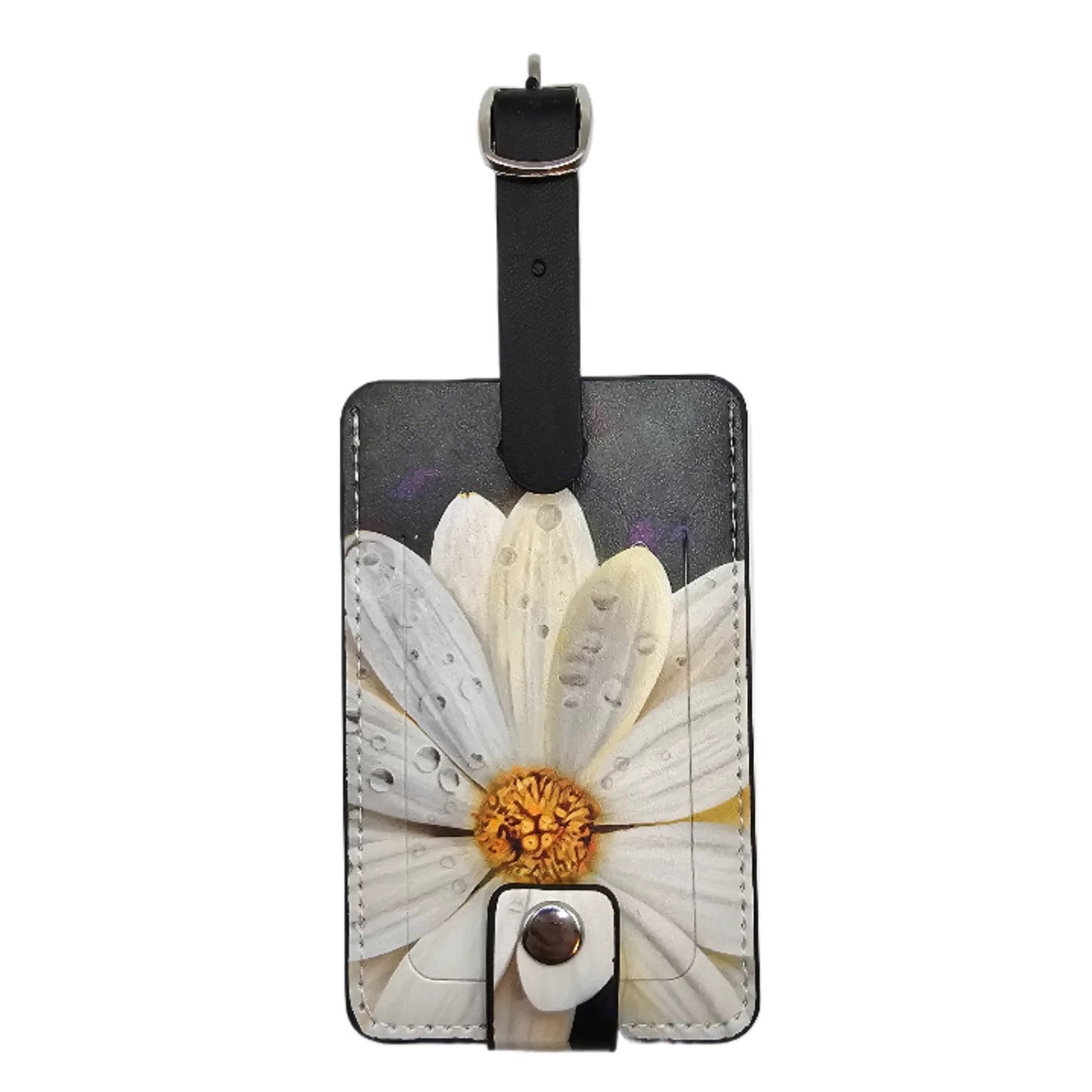 Forget Me Not Luggage Tag by Ron Risley Art featuring a hyper-realistic daisy image with a black strap.