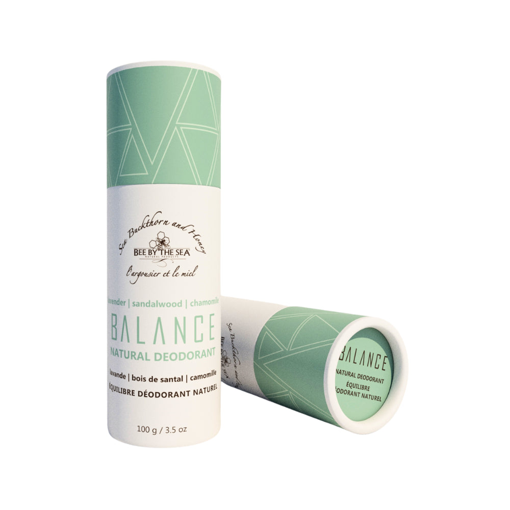Bee by the Sea Natural Eco Deodorant, front view, Balance scent with turquoise top paper tube