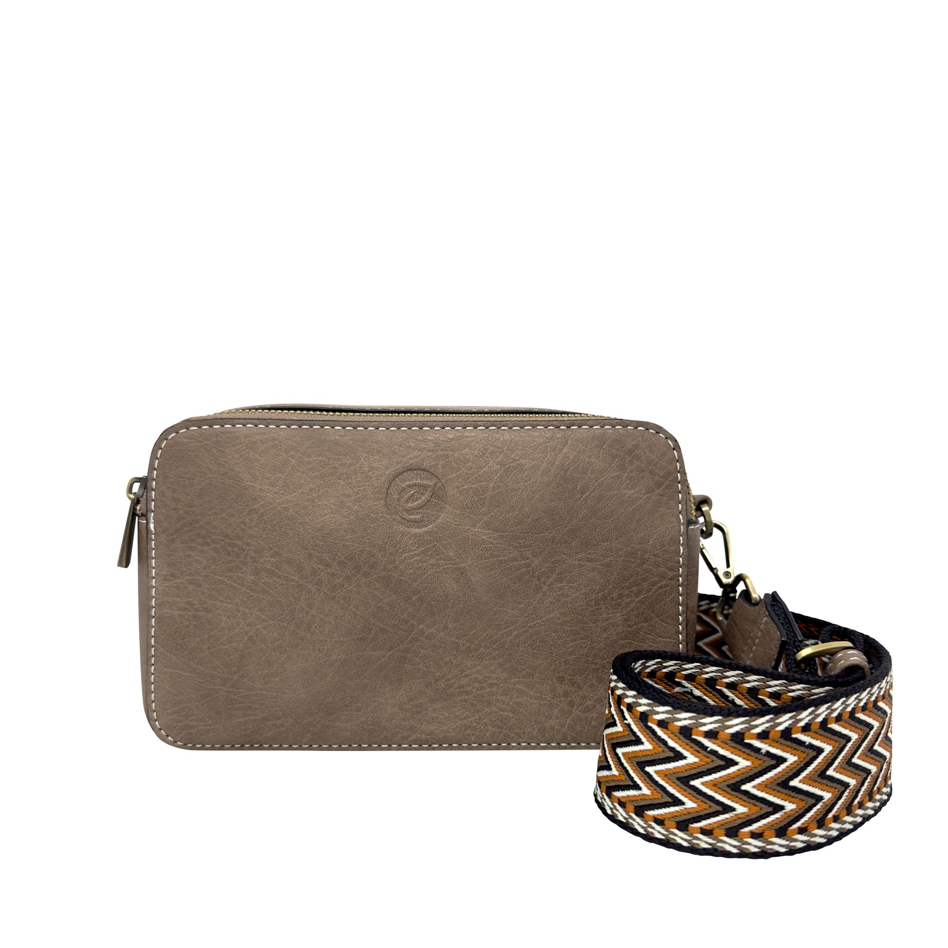 Espe Emerson Crossbody in taupe vegan leather with zip top and detachable zigzag strap shown in front.