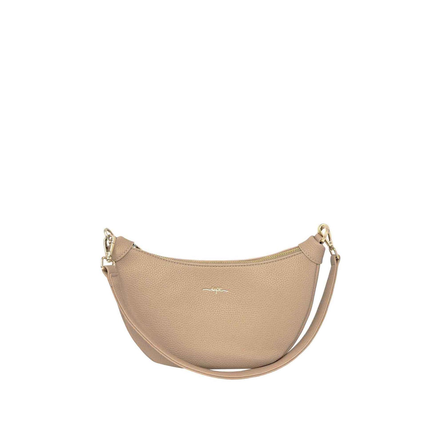 Espe Crescent Crossbody: beige leather handbag with gold-tone hardware and trendy cotton strap.