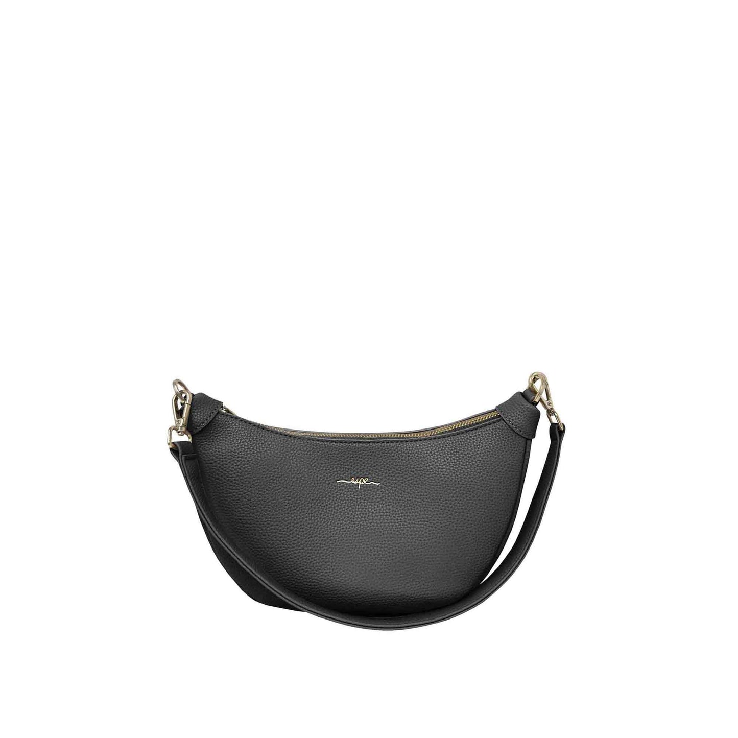 Espe Crescent Crossbody: A stylish blend of fashion and function in black leather with trendy cotton strap and gold zipper.