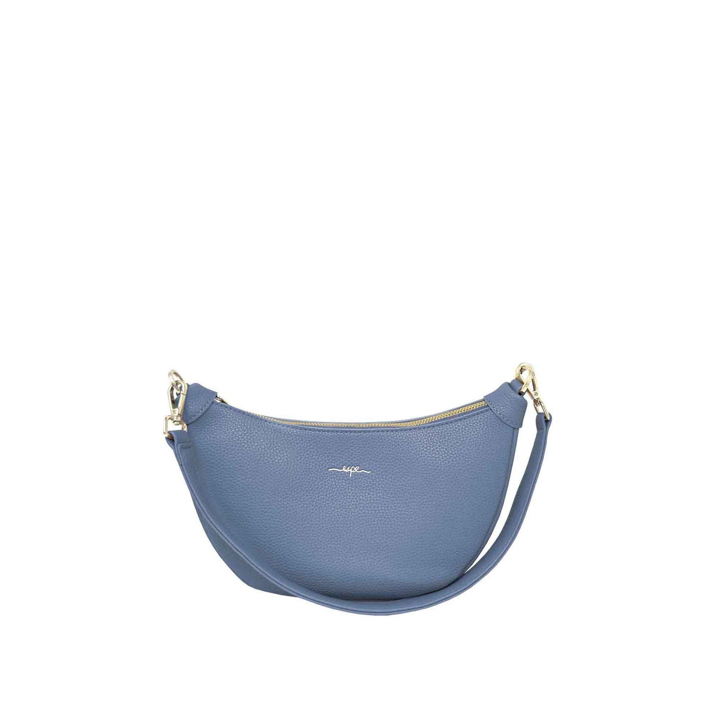 The Espe Crescent Crossbody is a trendy blue handbag with a cotton strap and zipper closure on a white background.