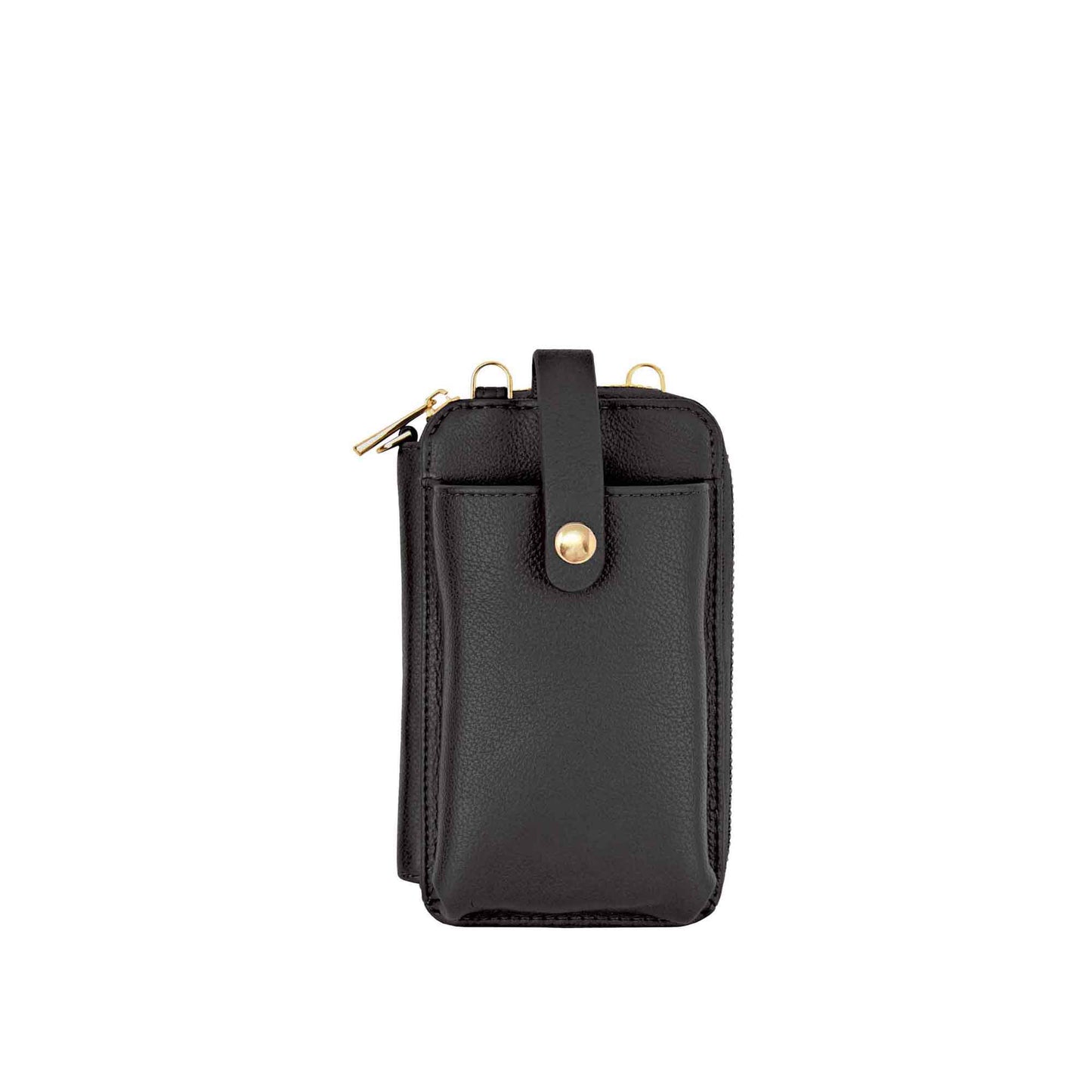 Espe Pastel Smartphone Pouch: Black leather, minimal design, front pocket, gold snap closure.