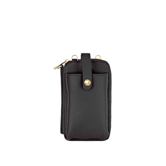 Product Image – Espe Pastel Smartphone Pouch: Black leather, minimal design, front pocket, gold snap closure.