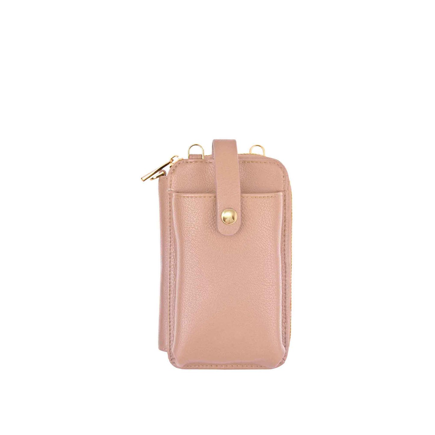 Espe's Pastel Smartphone Pouch: minimalistic pink leather with buttoned strap, front pocket, and gold zipper.