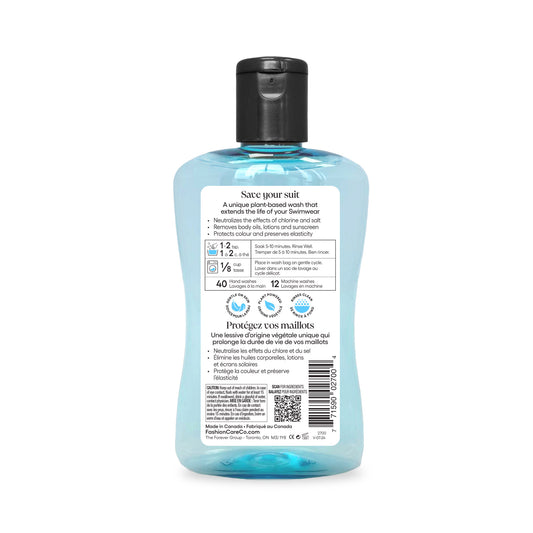 Product Image – Back view of Forever & Ever Splash® Swimwear Wash bottle with black cap, showing multilingual label and instructions.