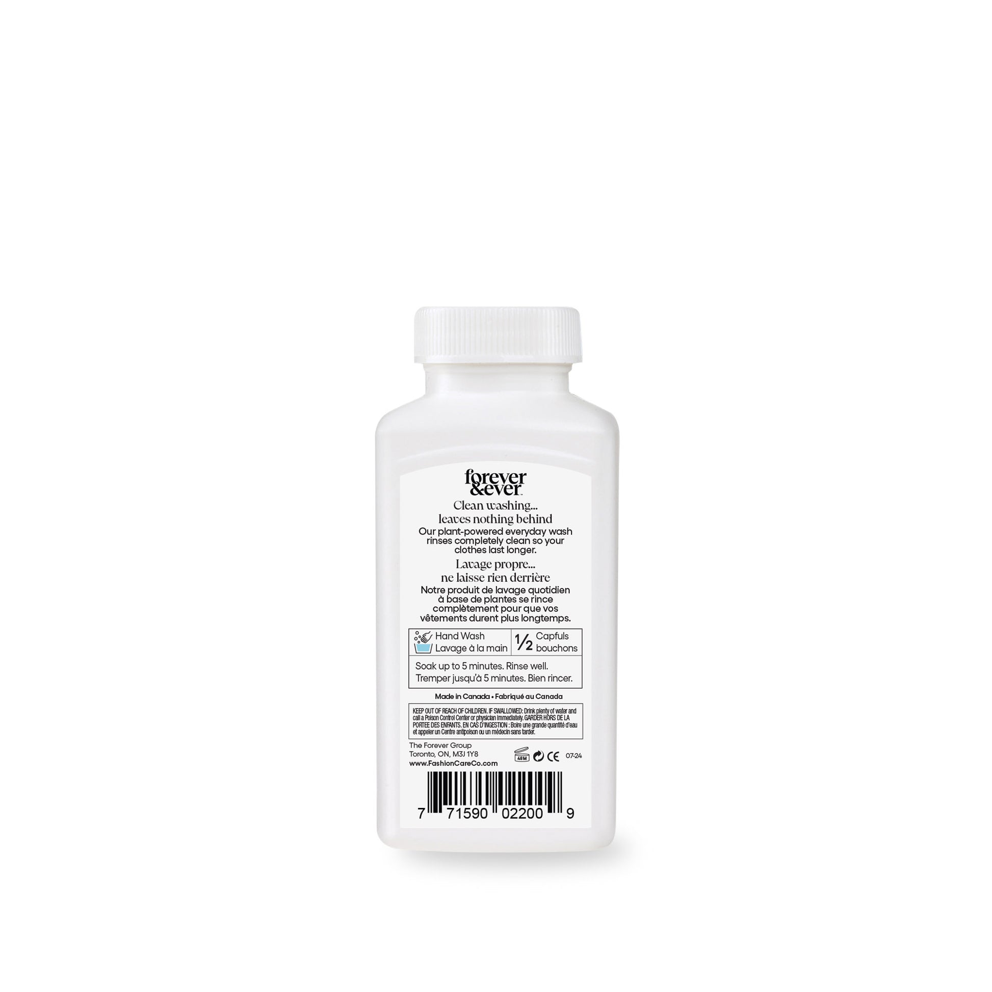 White plastic bottle with white cap, labeled Forever & Ever Original Powder - 150g Travel Size, barcode on back.