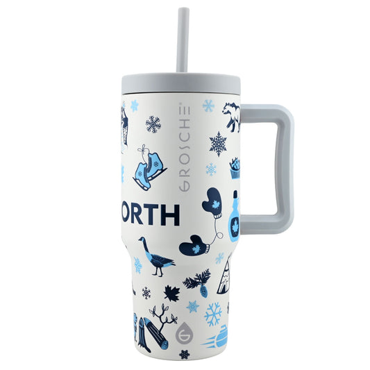 Product Image – Grosche Aspen 32oz insulated tumbler with blue and black winter art, gray lid, handle, and straw.