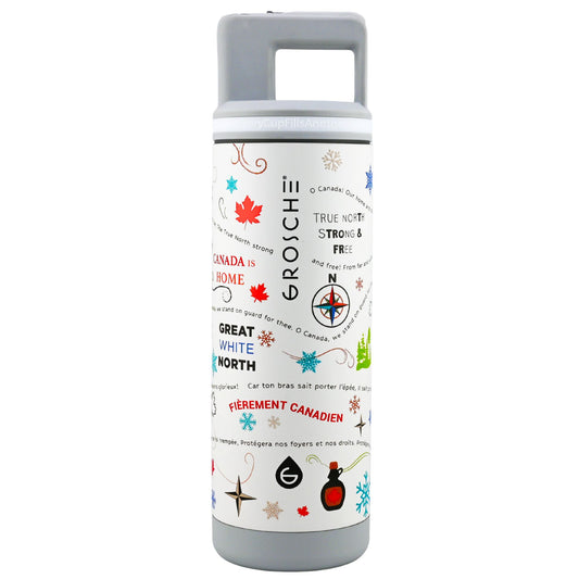 Product Image – Grosche Alpine 20oz Flip 'N Sip insulated water bottle with Canadian images and leak-proof design for on-the-go use.