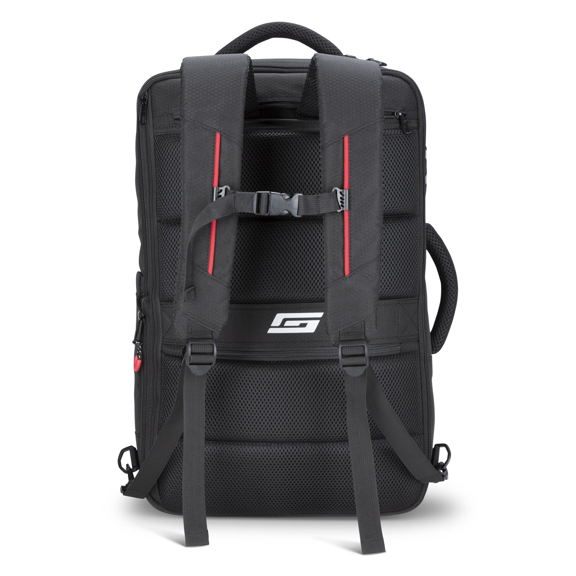 Graphite Metamorph Convertible Travel Backpack shown from the back with padded straps, chest buckle, and top handle.