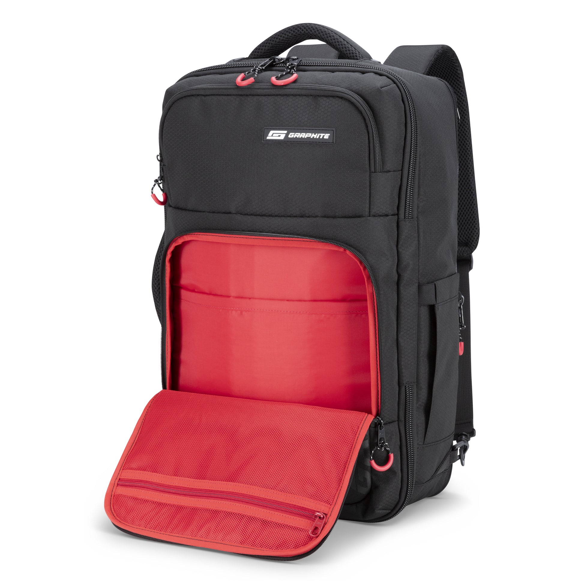 Graphite Metamorph Convertible Travel Backpack with front compartment open to reveal red pockets and mesh pouch.