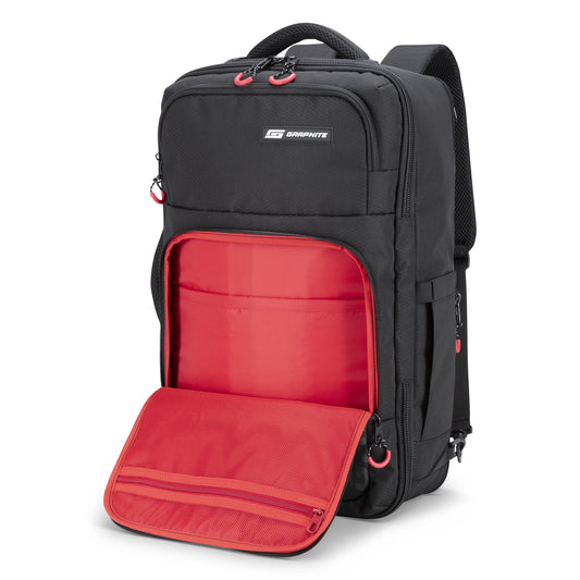 Product Image – Graphite Metamorph Convertible Travel Backpack with front compartment open to reveal red pockets and mesh pouch.