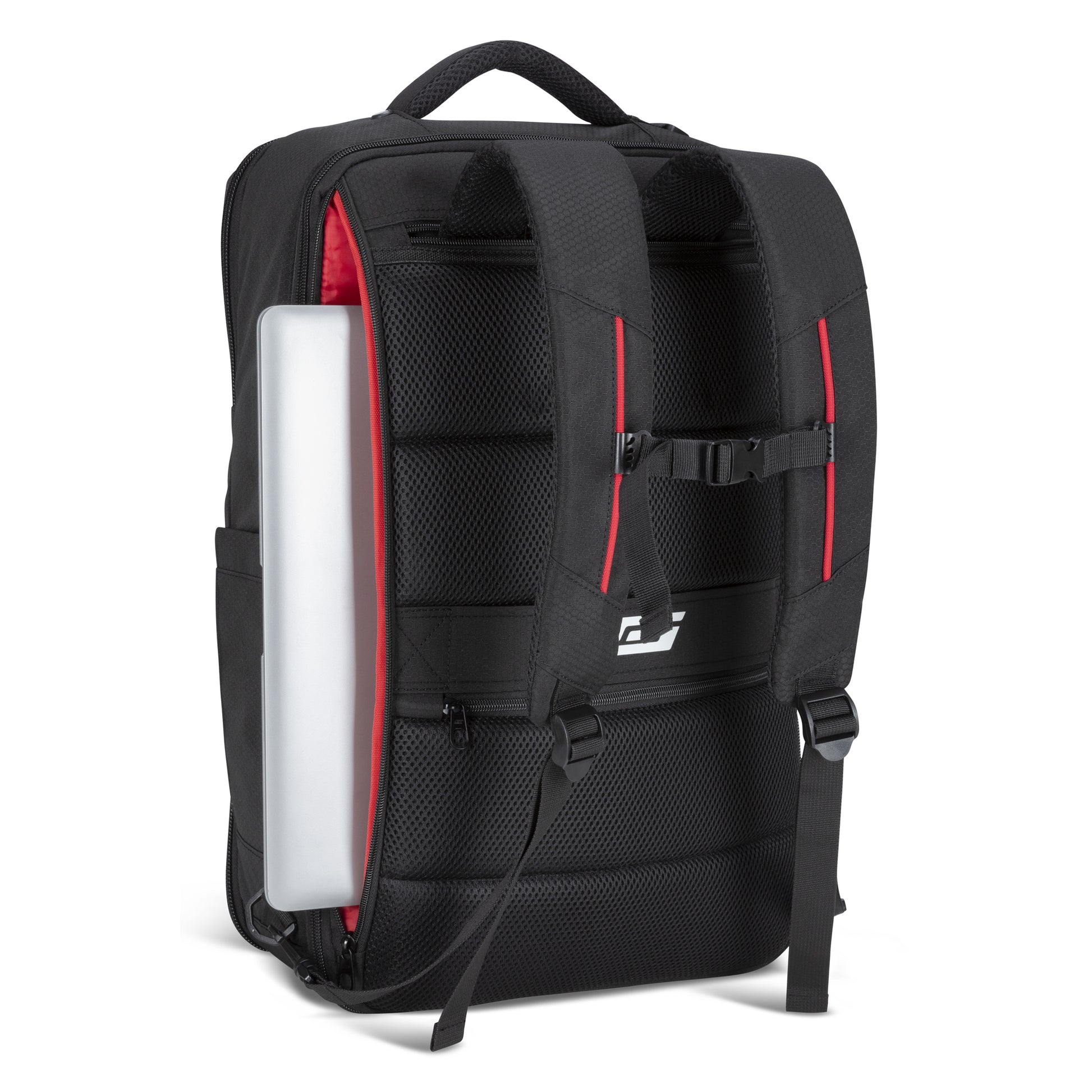 Back of Graphite Metamorph Convertible Travel Backpack with red accents, padded straps, and side laptop pocket.