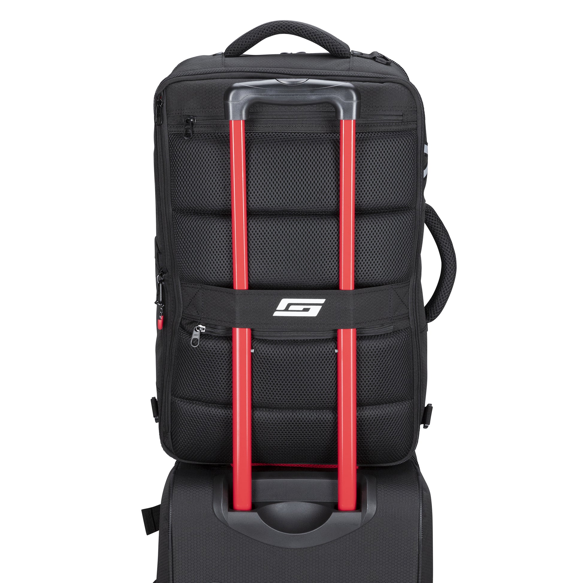 A black suitcase with red handle stacked atop another, perfect with the Graphite Metamorph Convertible Backpack.