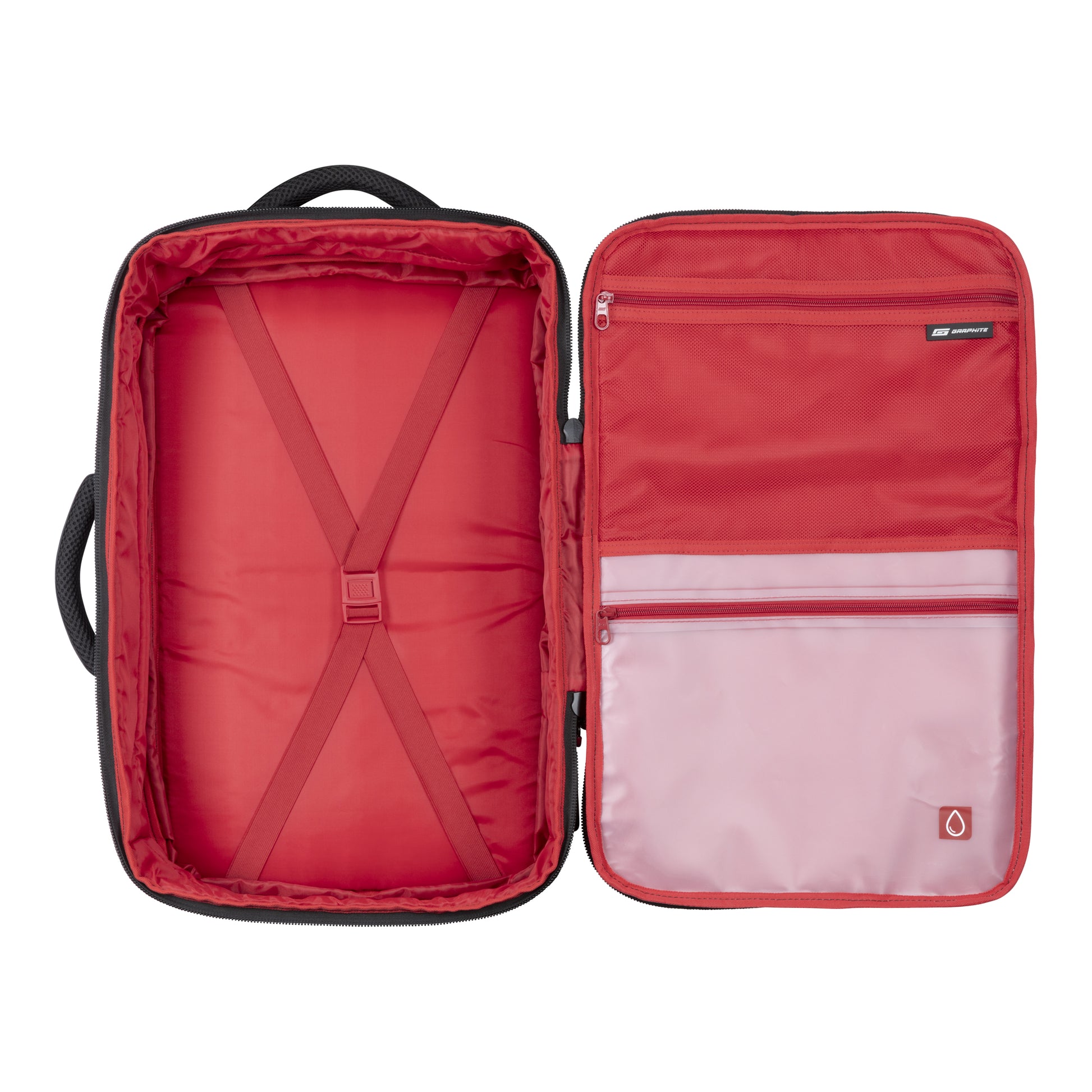 Graphite Metamorph Backpack: opens wide, red lining & mesh pockets—ideal for travel organization.