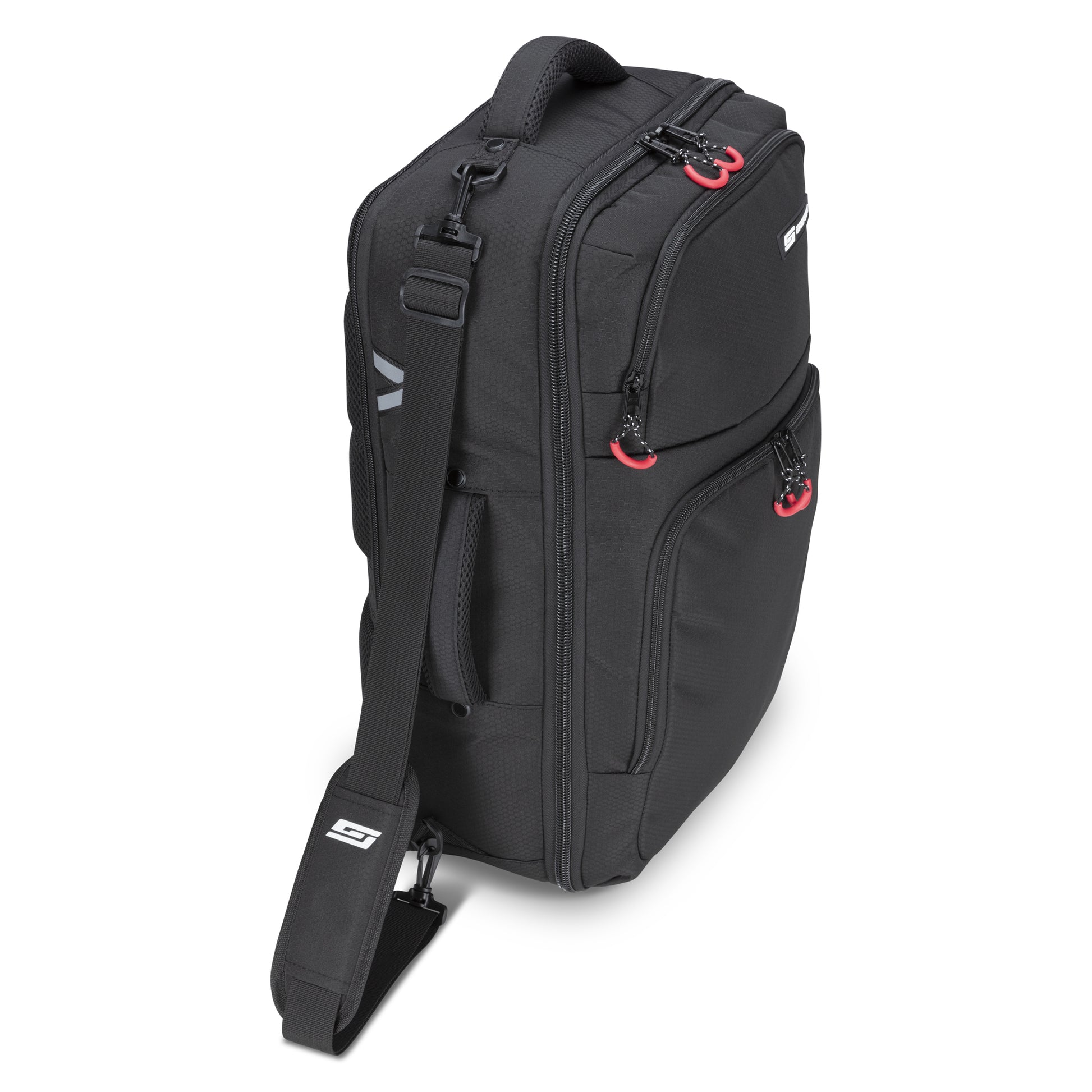 Graphite Metamorph Convertible Travel Backpack—rectangular, black, w/laptop compartment & red zipper pulls.