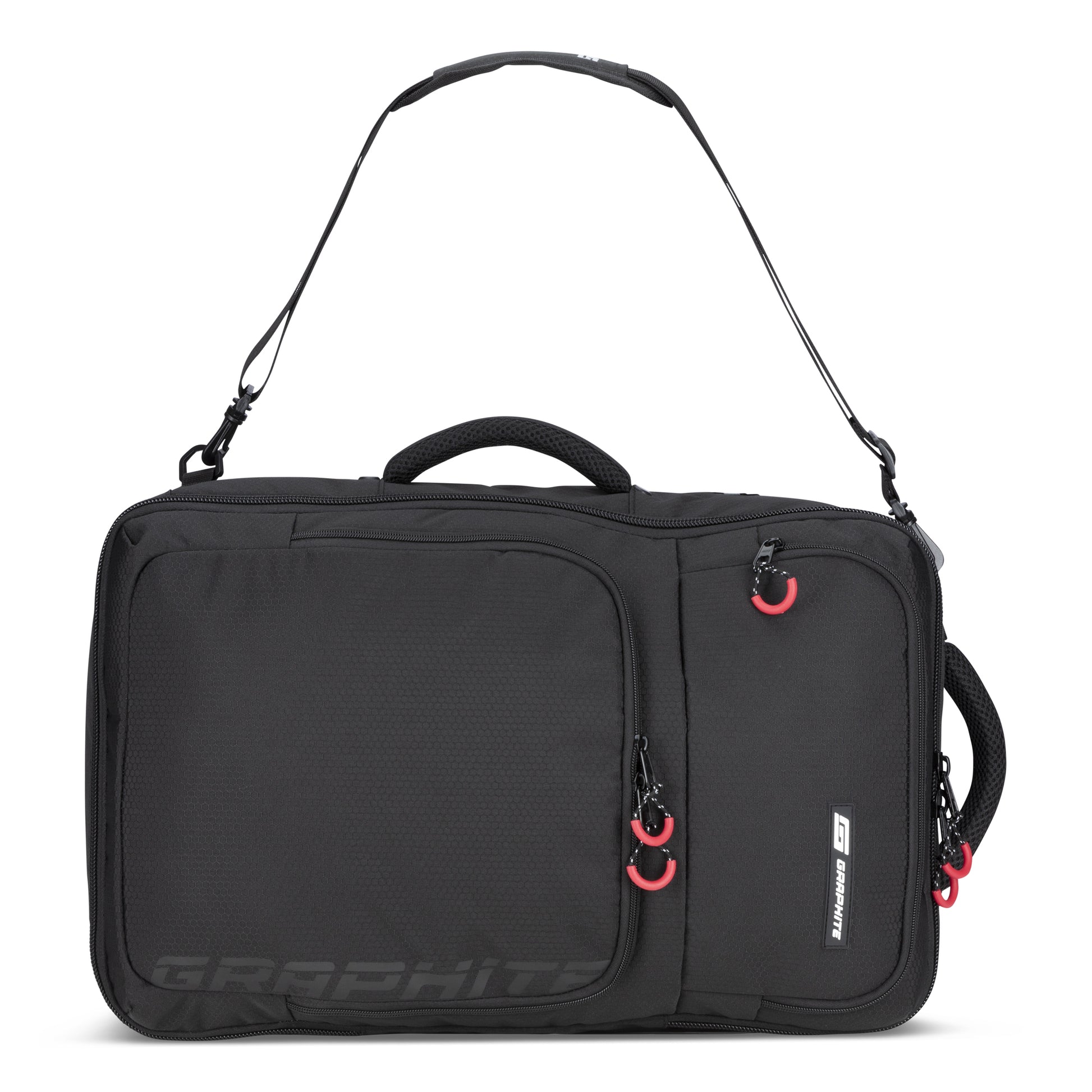 Graphite Metamorph Convertible Travel Backpack by Graphite, with front pockets and laptop compartment on white.