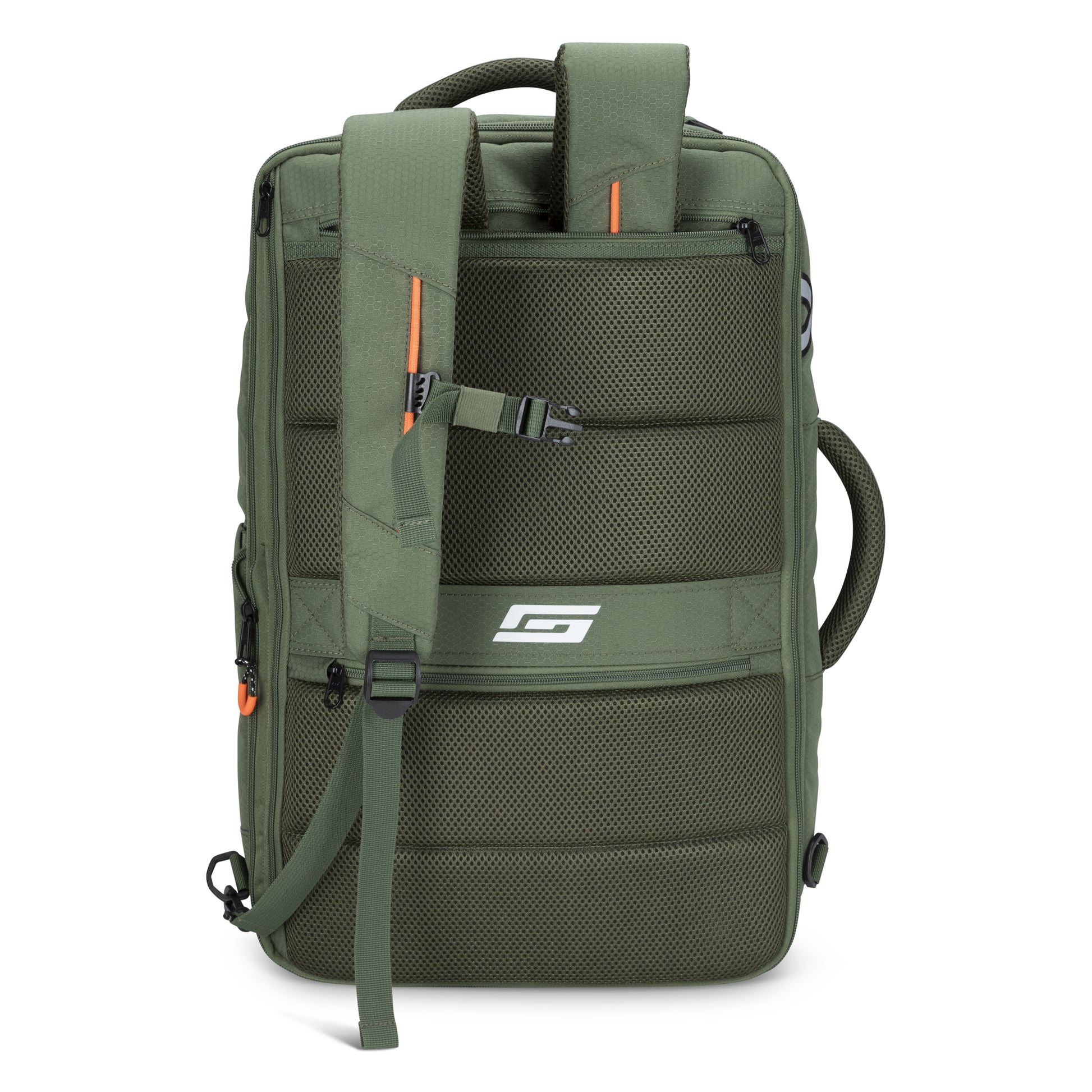Graphite Metamorph Convertible Travel Backpack: olive green, padded straps, side handle, mesh back, laptop pocket.