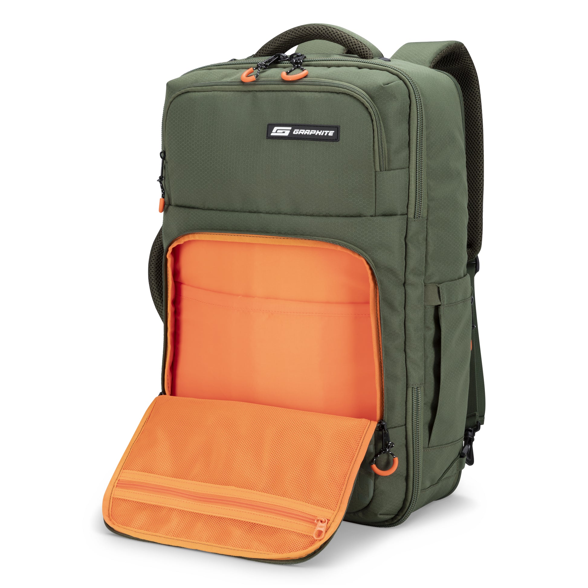 Graphite Metamorph Convertible Travel Backpack features multiple compartments, laptop slot, and mesh pouch.