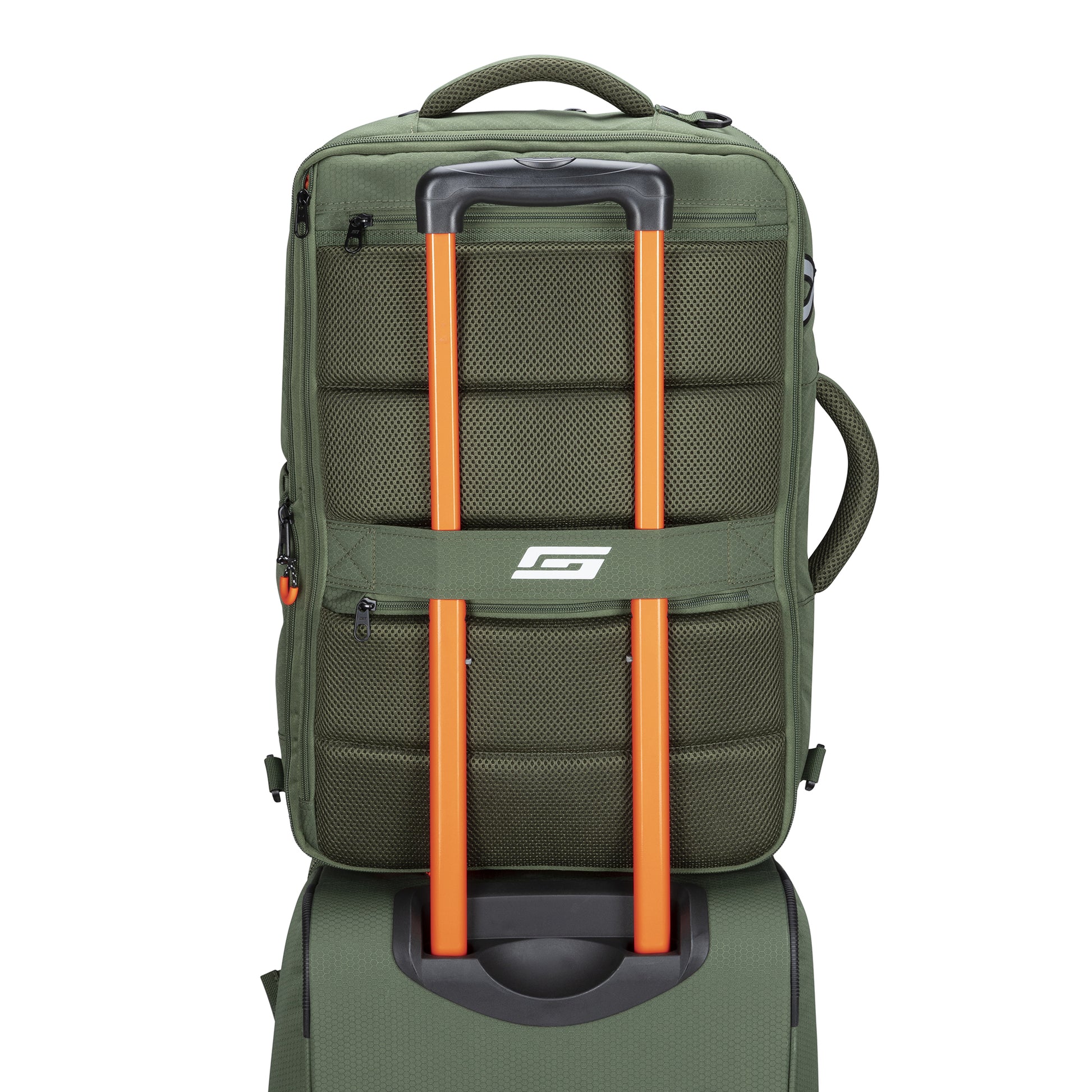 Graphite Metamorph Convertible Travel Backpack by Graphite, stacked on a matching green travel backpack.