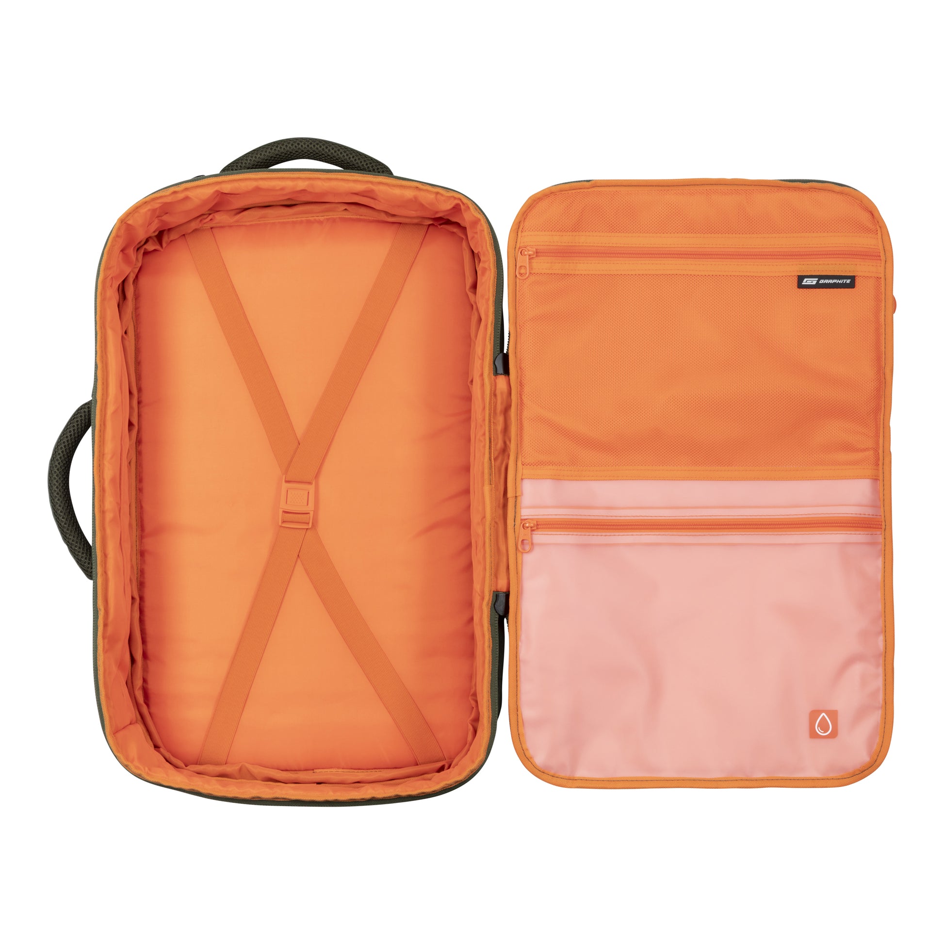 Graphite Metamorph Convertible Travel Backpack with orange interior, straps, and zippered areas.