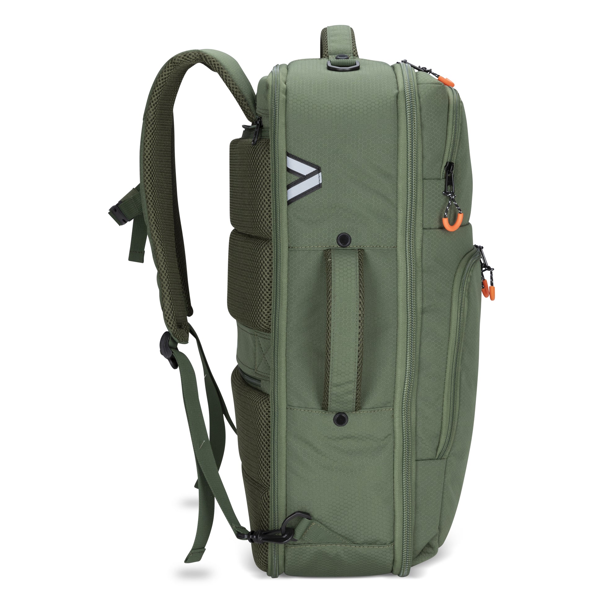 Side view of the Graphite Metamorph Convertible Travel Backpack in olive green with orange zipper pulls.