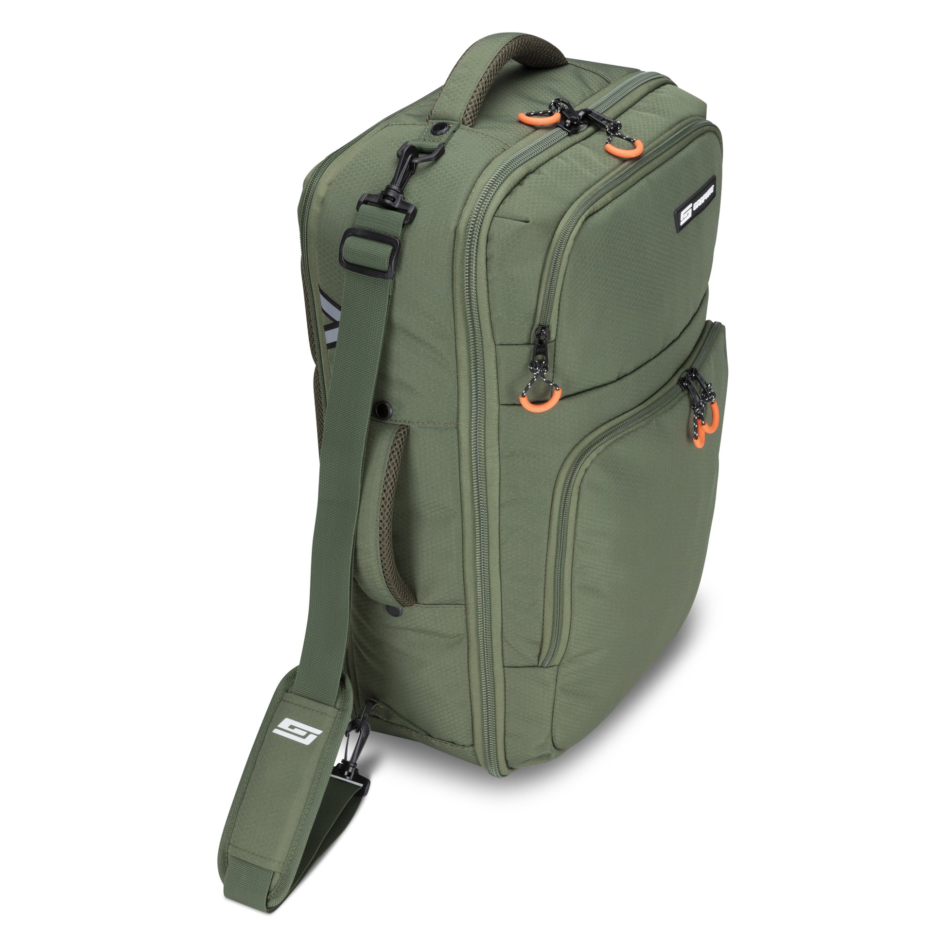 Graphite Metamorph Convertible Travel Backpack features multiple zippered sections, laptop slot, and removable strap.