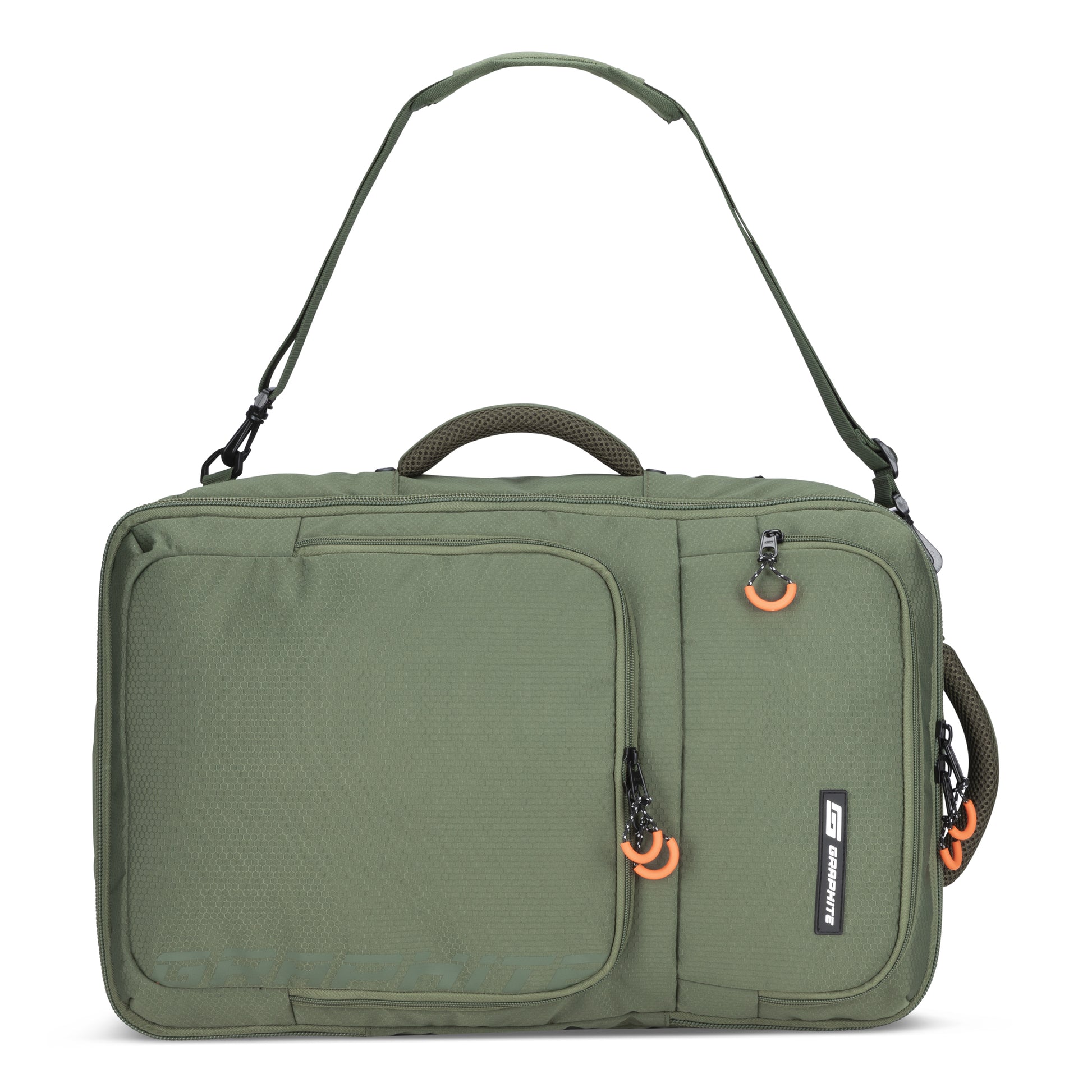 Graphite Metamorph Convertible Travel Backpack by Graphite with laptop compartment and two front zip pockets.