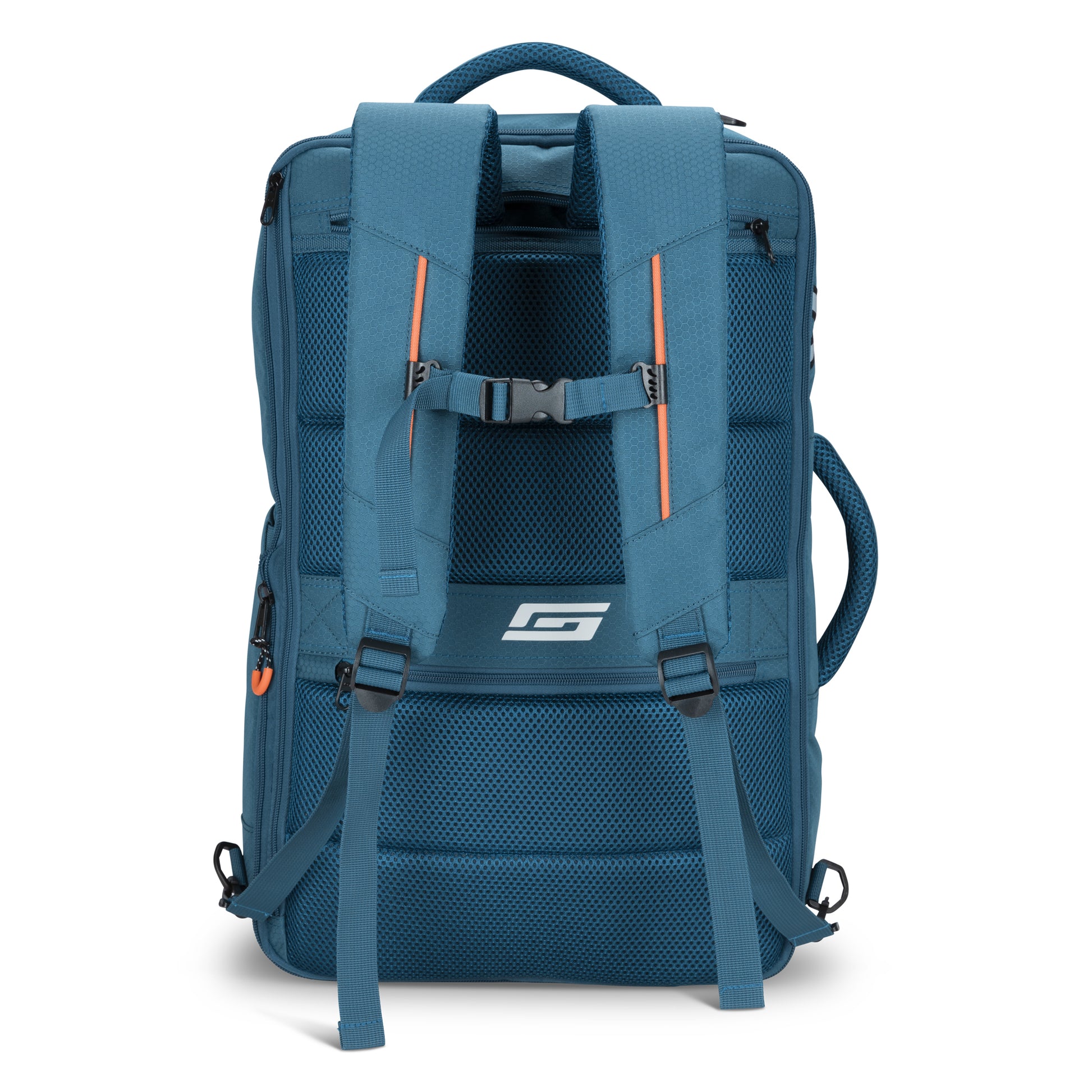 Graphite Metamorph Convertible Travel Backpack shown from the back with padded straps, chest buckle, and top handle.