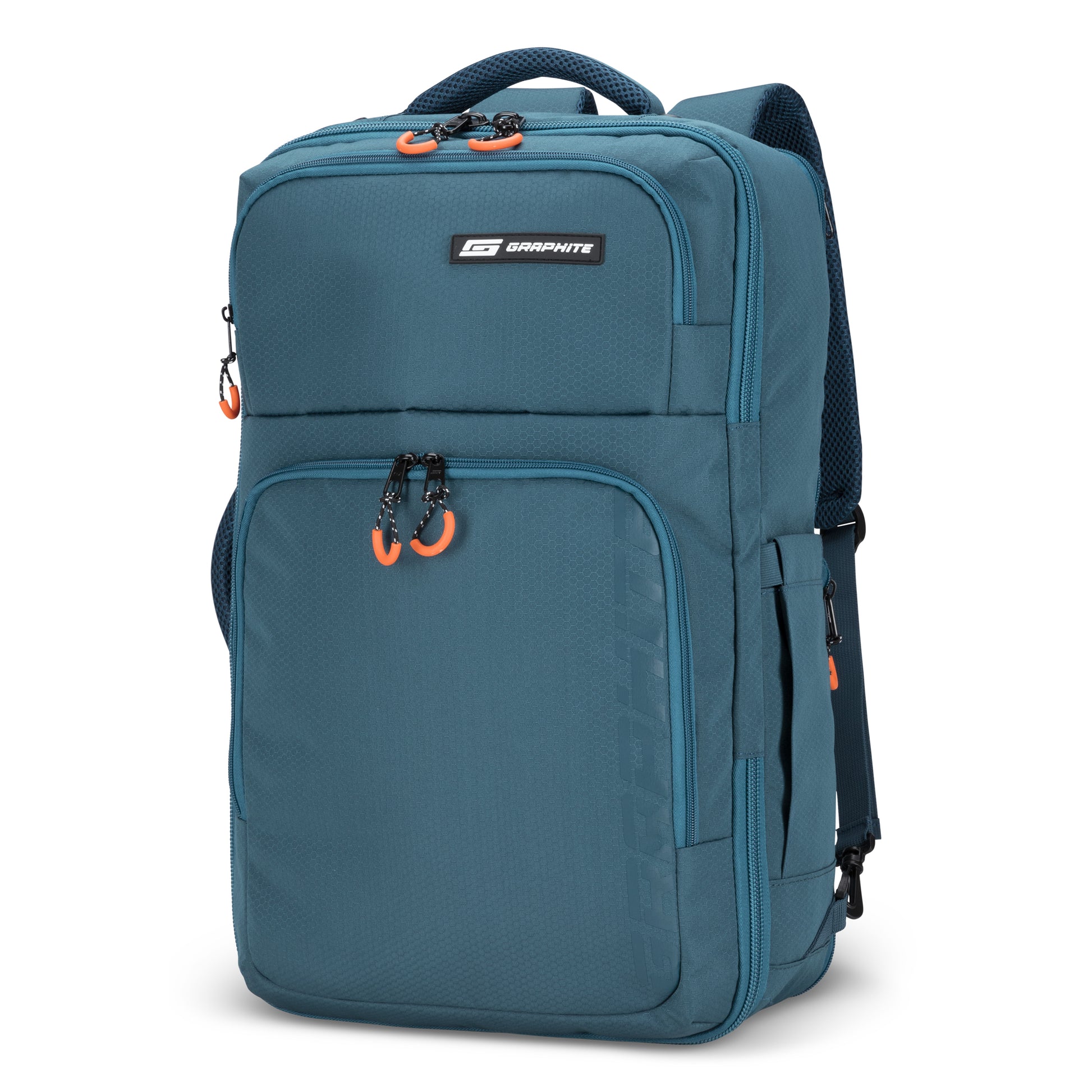 Graphite Metamorph Convertible Travel Backpack with multiple zippered compartments and orange pulls for travel.