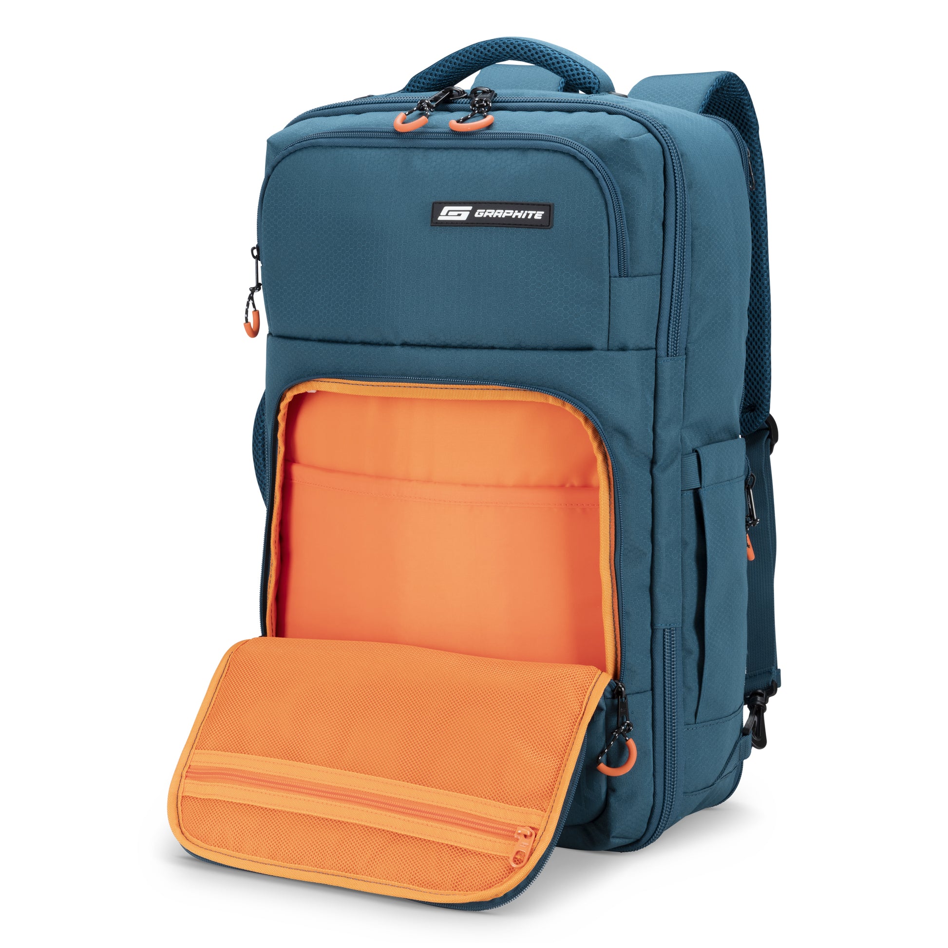 The Graphite Metamorph Convertible is a teal blue travel backpack with an orange front, inner pockets, and a top handle.