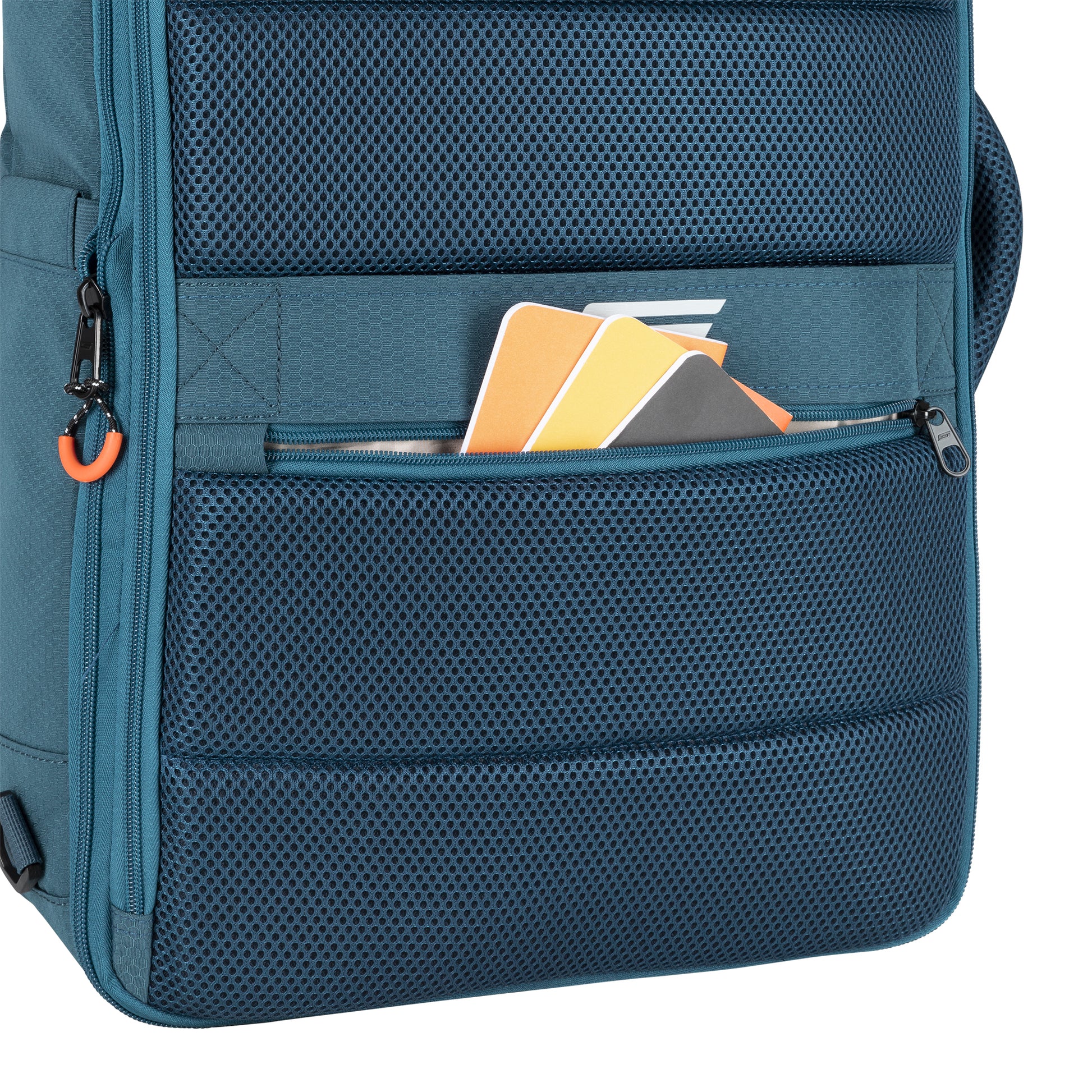 The Graphite Metamorph Convertible Travel Backpack features a front zip pocket with visible colored cards.