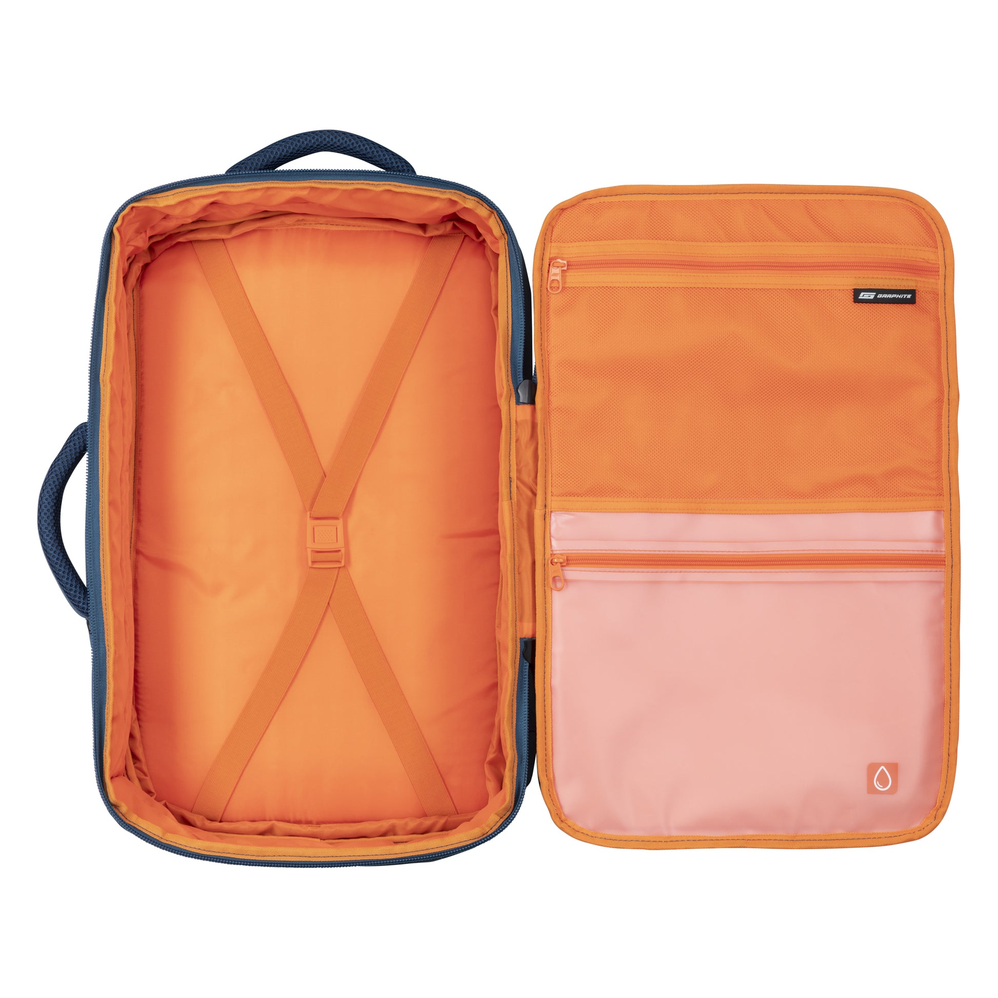 Open the Graphite Metamorph Convertible with orange lining, cross straps, and zip mesh pocket for travel.