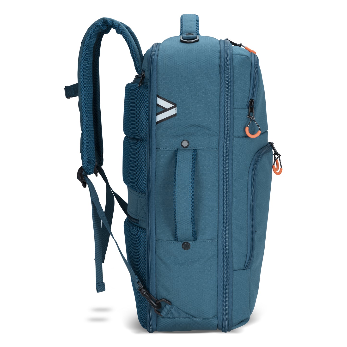 Graphite Metamorph Convertible Travel Backpack by Graphite, blue, side view with mesh pockets & adjustable straps.