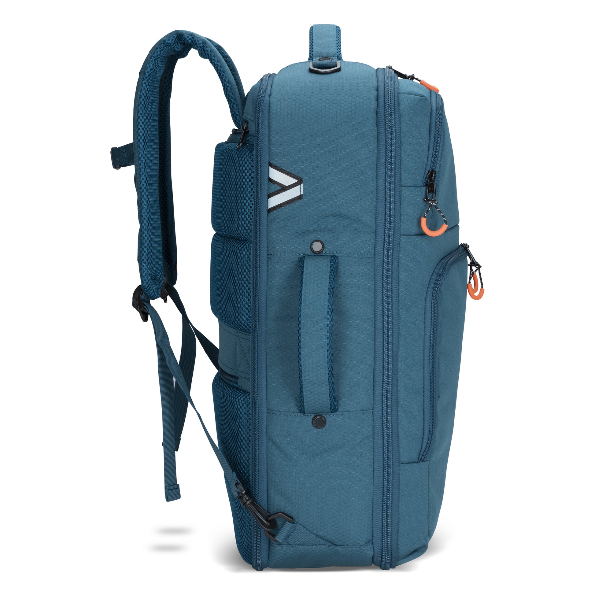 Graphite Metamorph Convertible Travel Backpack by Graphite, blue, side view with mesh pockets & adjustable straps.