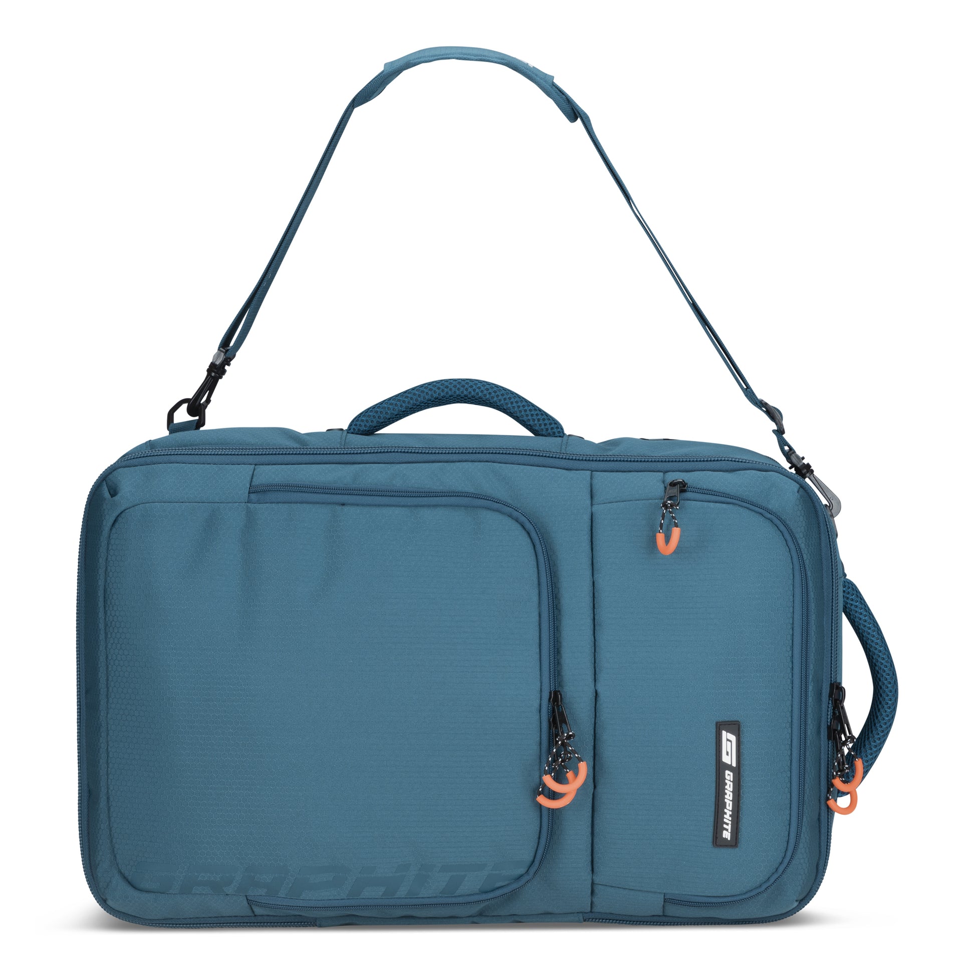Graphite Metamorph Convertible Travel Backpack with handle, dedicated laptop slot & multiple zippered pockets.