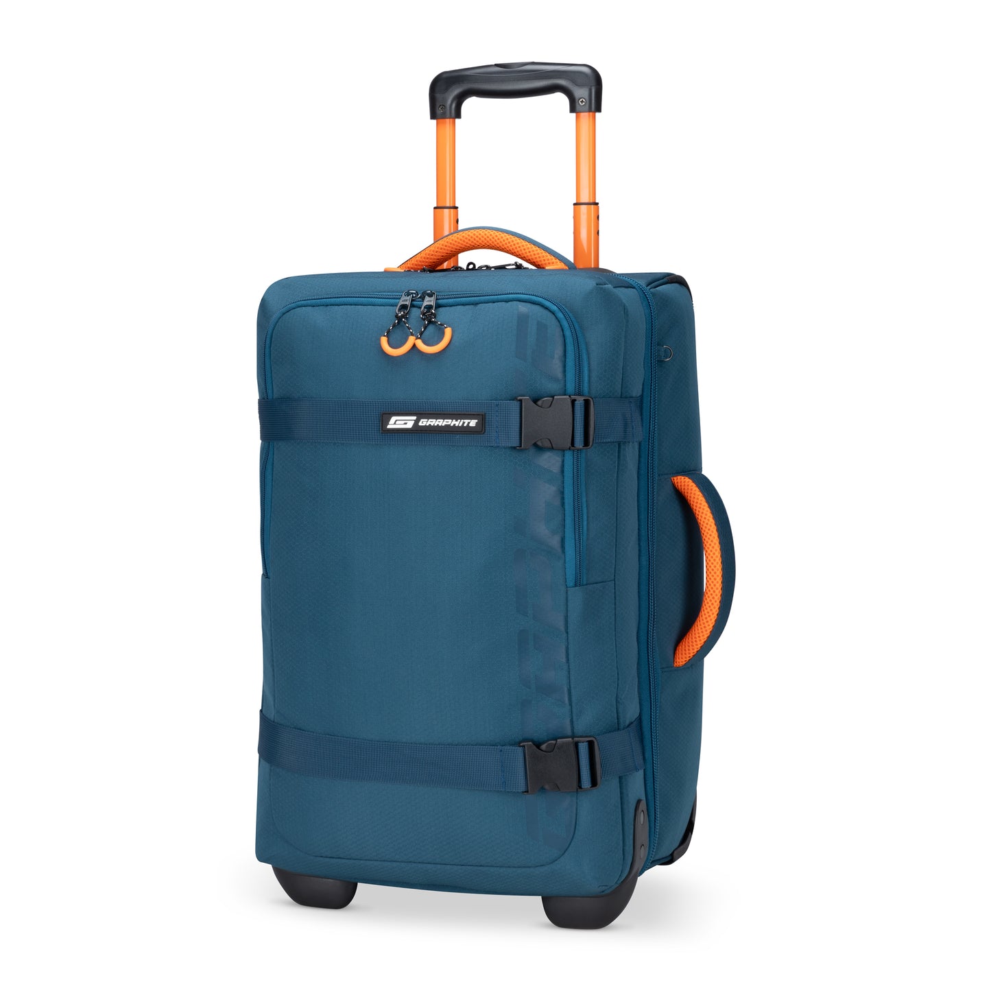Graphite Metamorph 21" Carry-on Wheeled Duffle, teal with orange accents, front angled view.