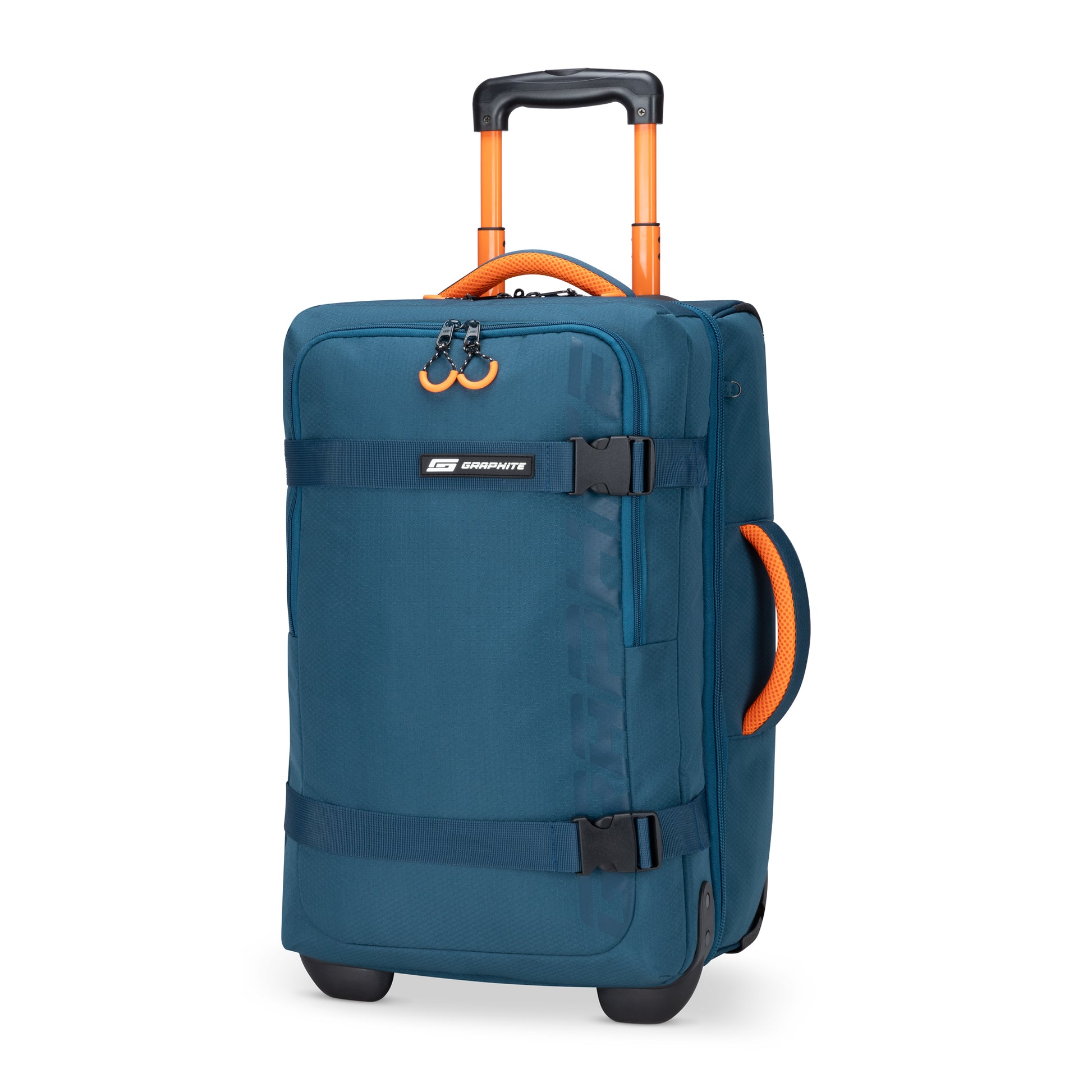 Graphite Metamorph 21" Carry-on Wheeled Duffle, teal with orange accents, front angled view.