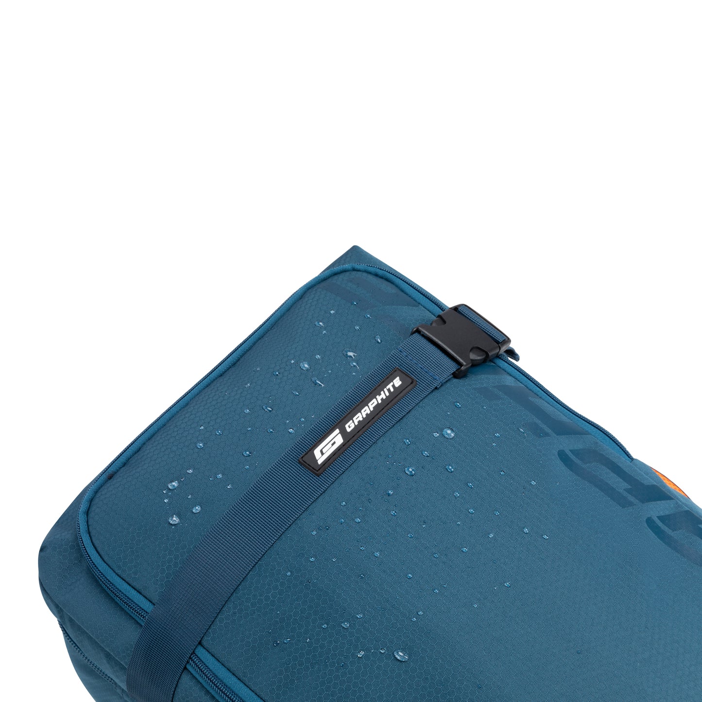 Close up of water droplets on water resistant teal fabric of Graphite Metamorph 21" Carry-on Wheeled Duffle.