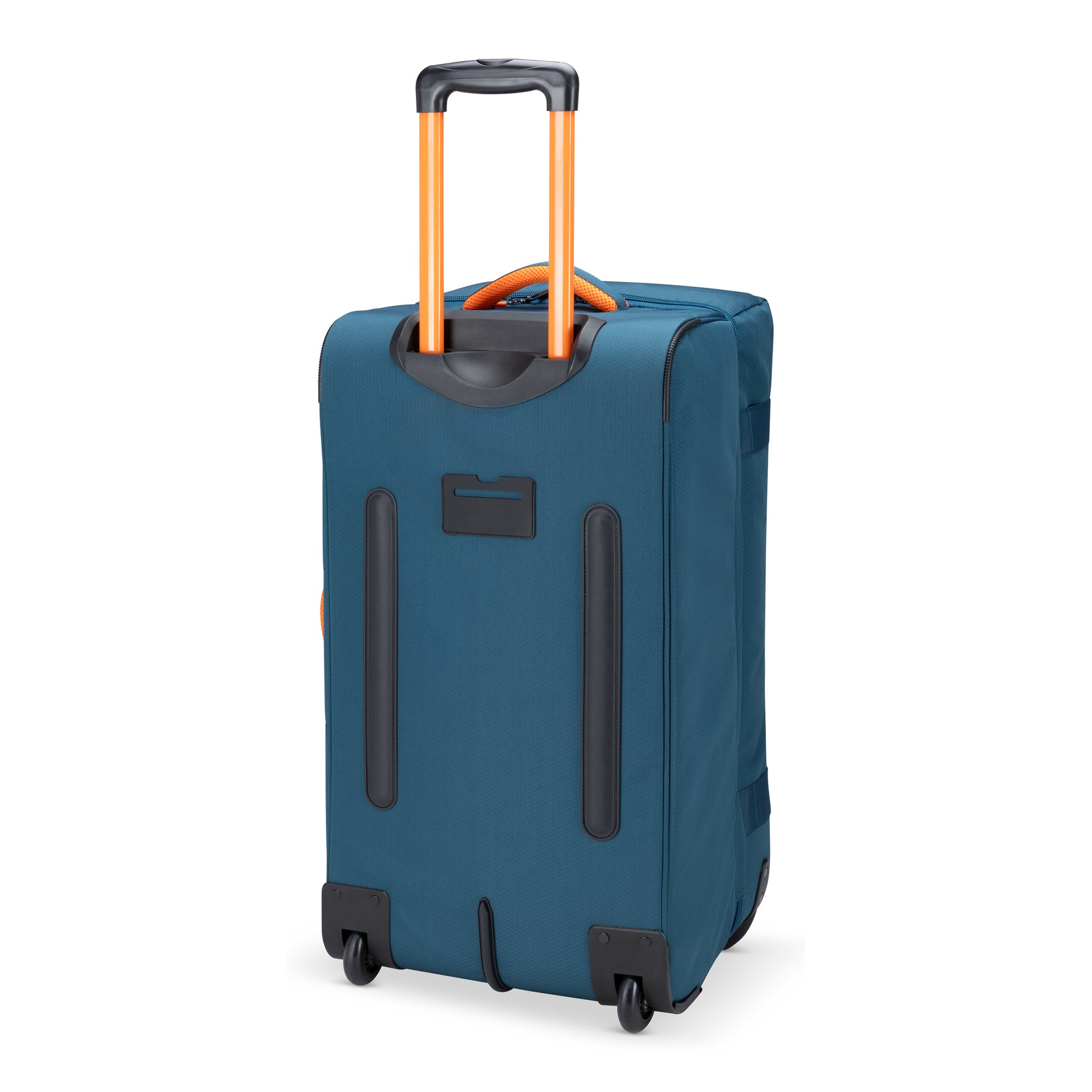 Graphite Metamorph 28" Upright Rollaboard, teal, back angled view.