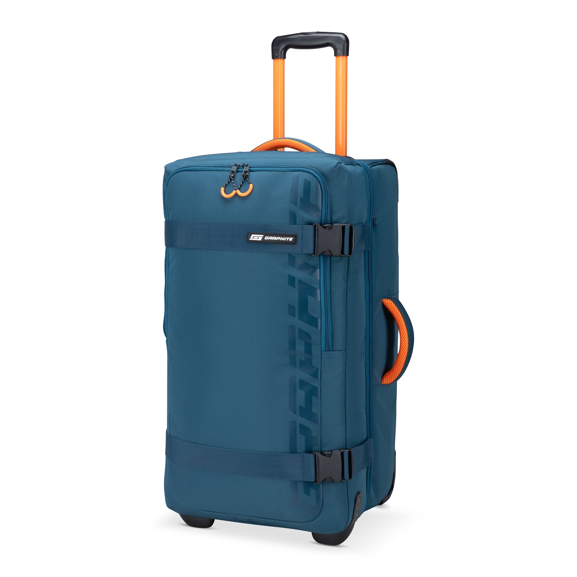 Graphite Metamorph 28" Upright Rollaboard, teal, front angled view.